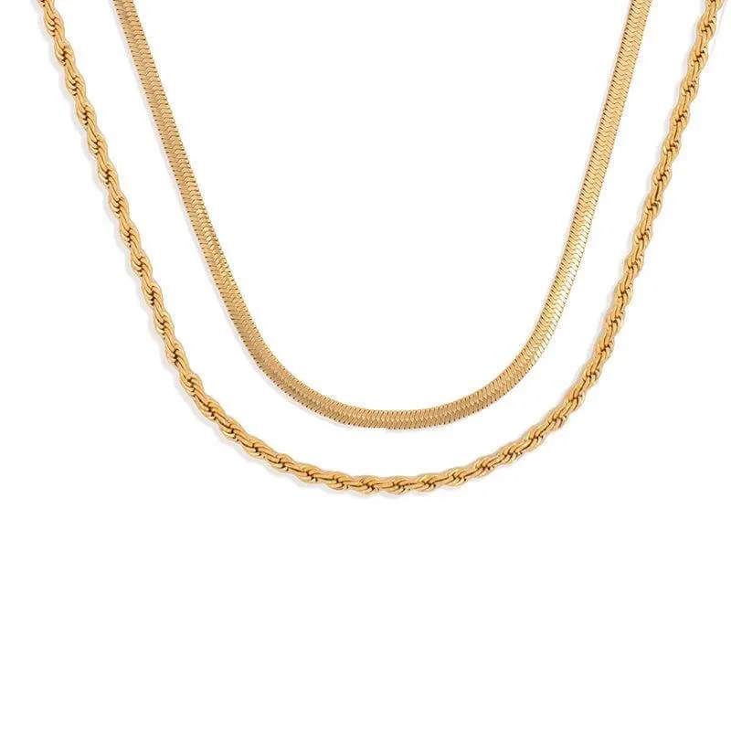 18K Gold Plated Double Layer Twists Snake Bone Chain Necklace