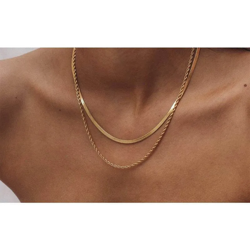 18K Gold Plated Double Layer Twists Snake Bone Chain Necklace