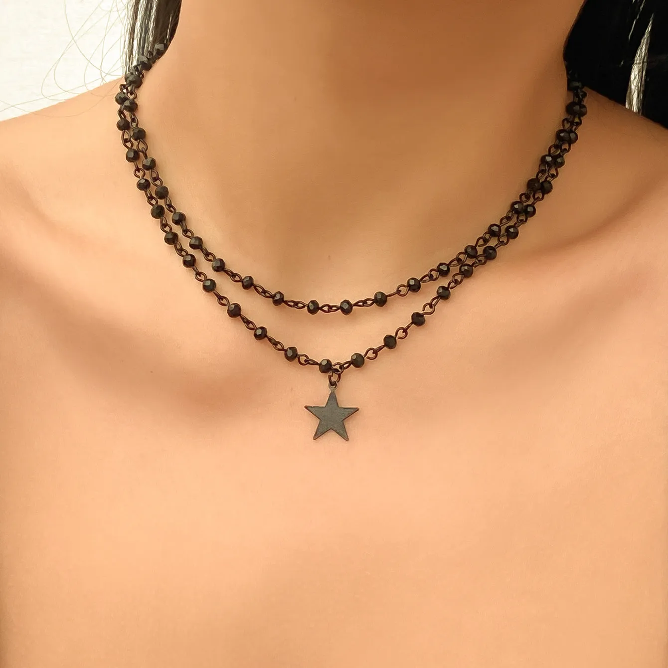 2-Piece Punk Style Beaded Chain Necklace with Cross Pendant - Adjustable Clavicle Chain Set