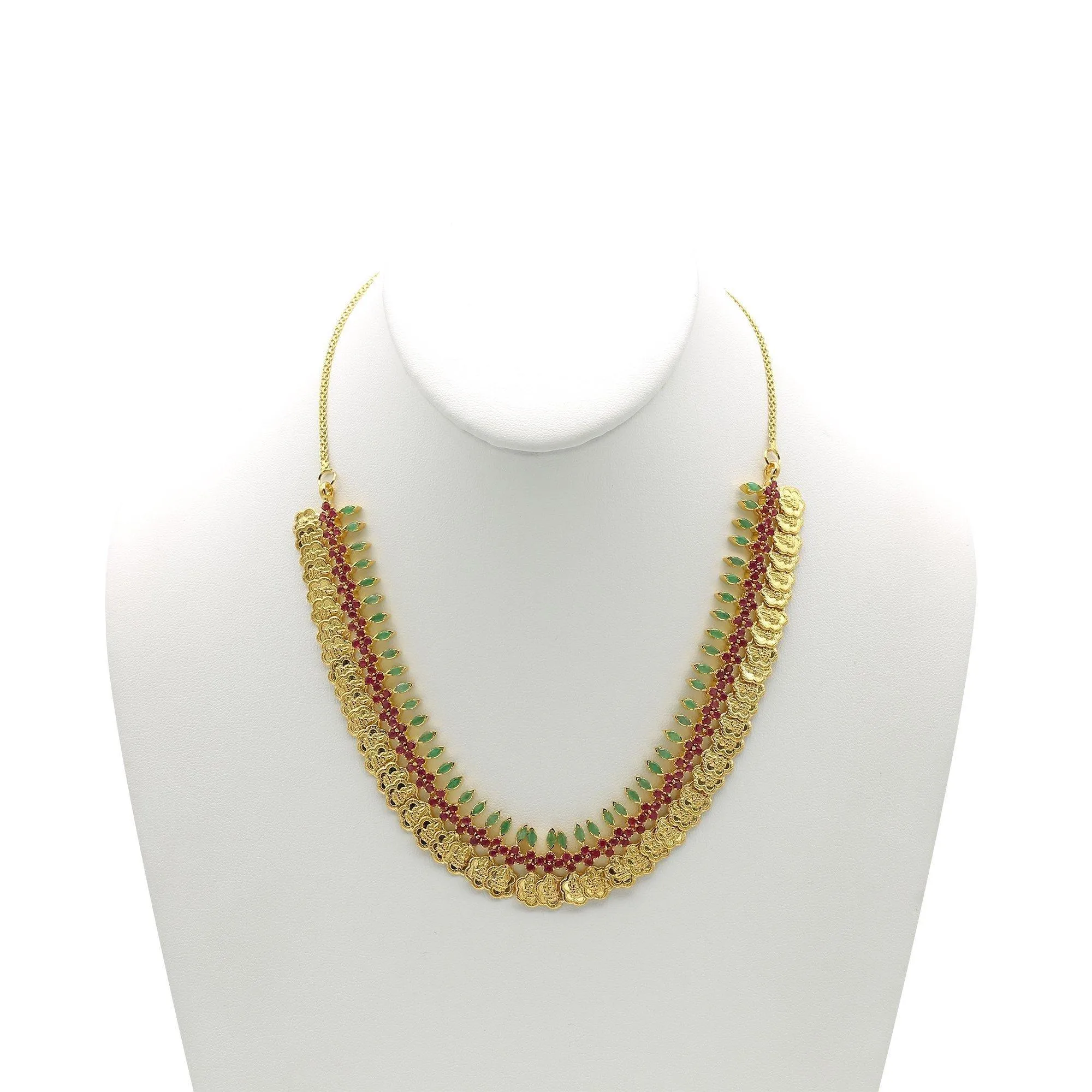 22K Gold Ruby Emerald Floral Kasu Necklace & Earrings Set