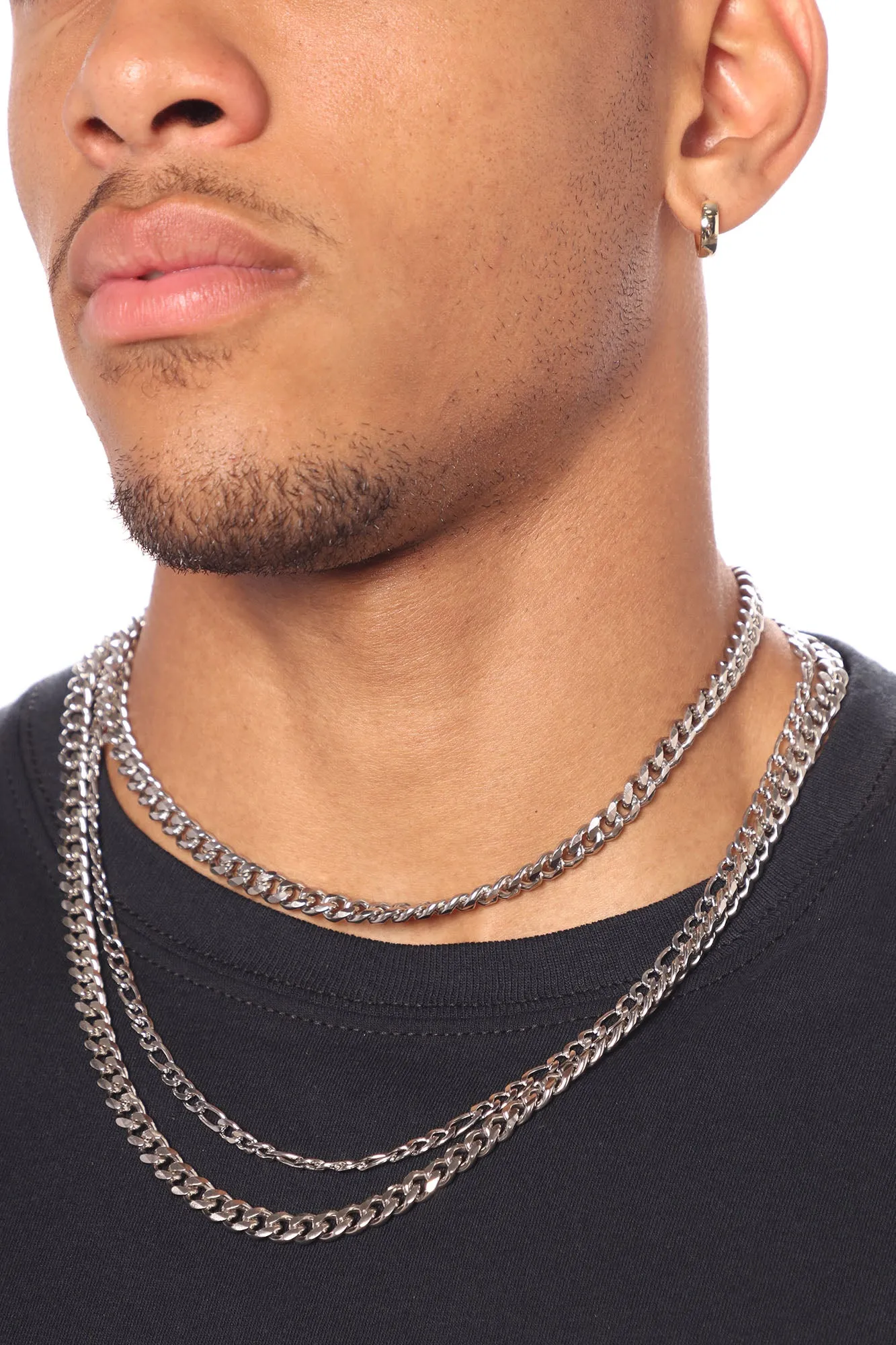 3 Piece Cuban And Figaro Chain Set - Silver