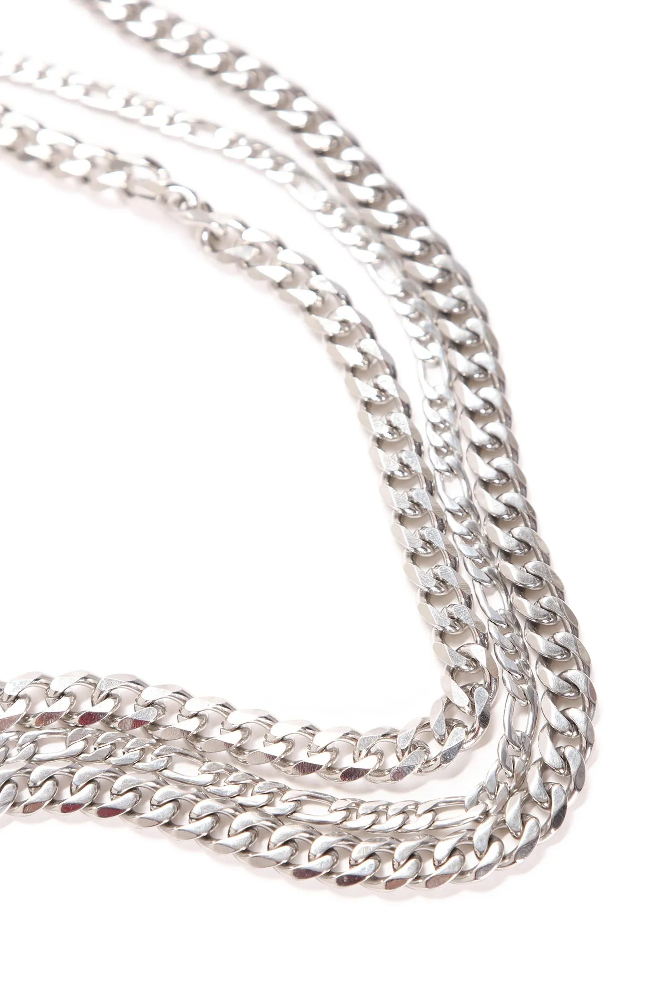 3 Piece Cuban And Figaro Chain Set - Silver