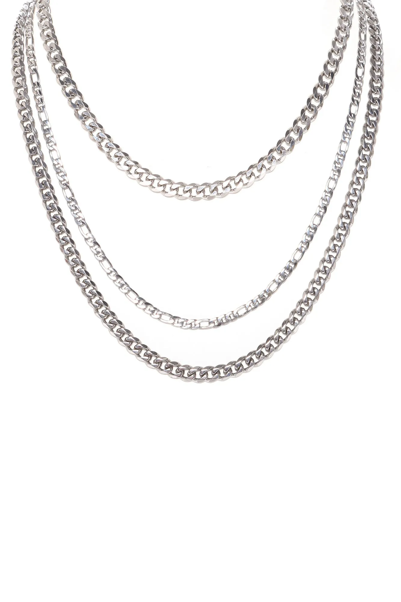 3 Piece Cuban And Figaro Chain Set - Silver