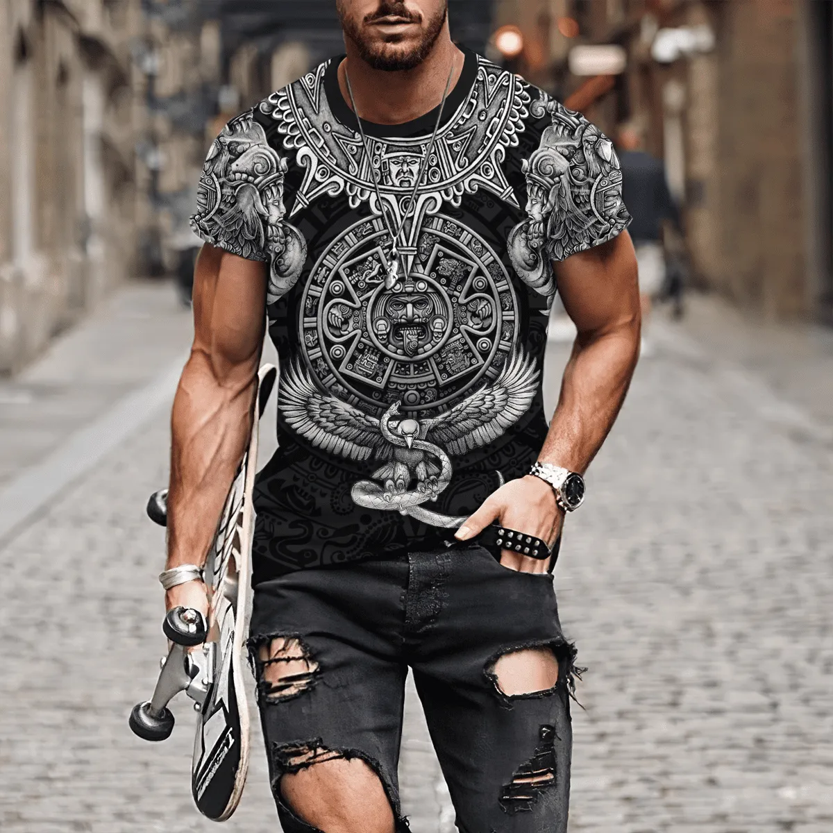 3D All Over Print Mexico Aztec Tattoo Calendar Eagle Snake Unisex Shirt for Men