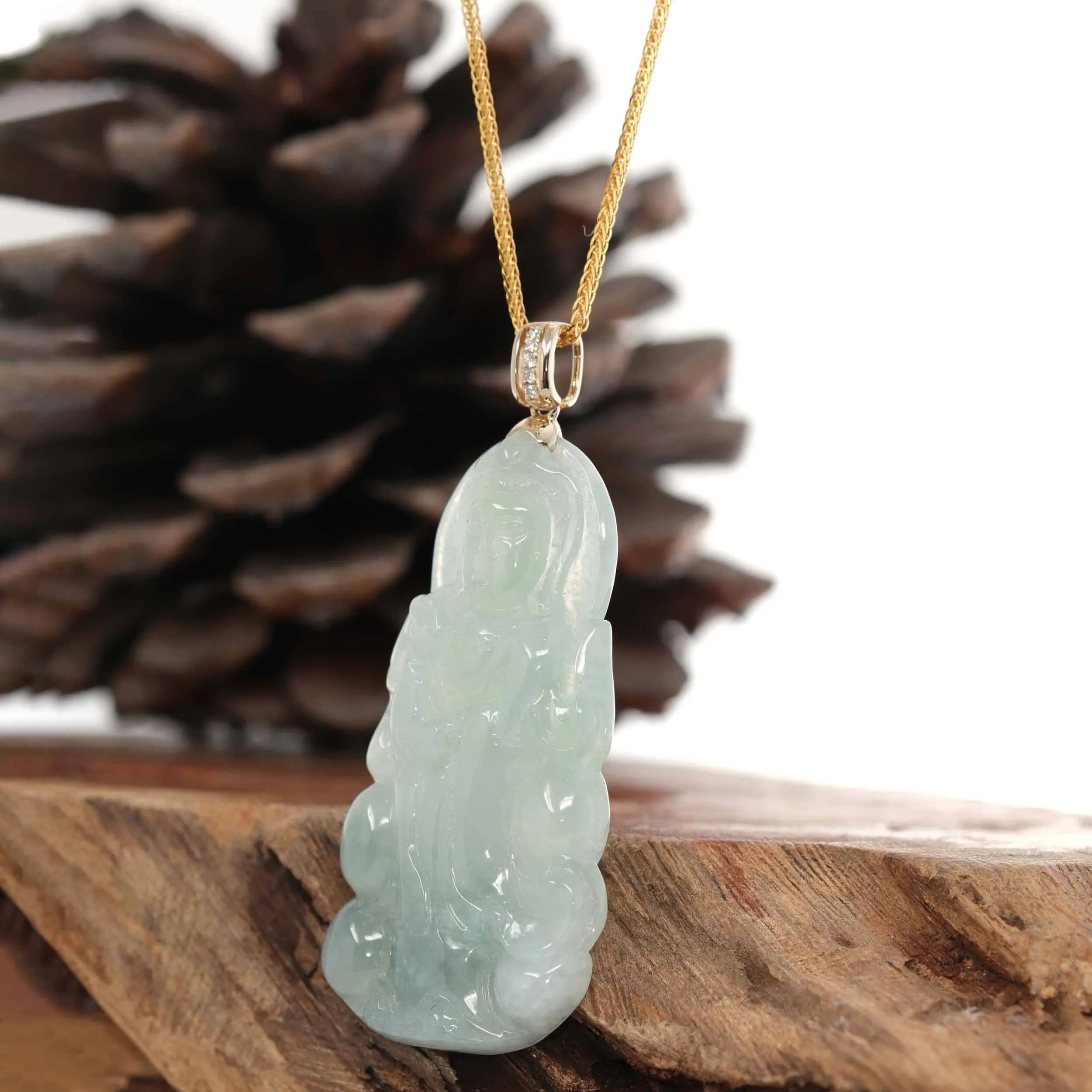 Baikalla 14k Yellow Gold "Goddess of Compassion" Genuine Ice Burmese Jadeite Jade Guanyin Necklace With Gold Diamond Bail