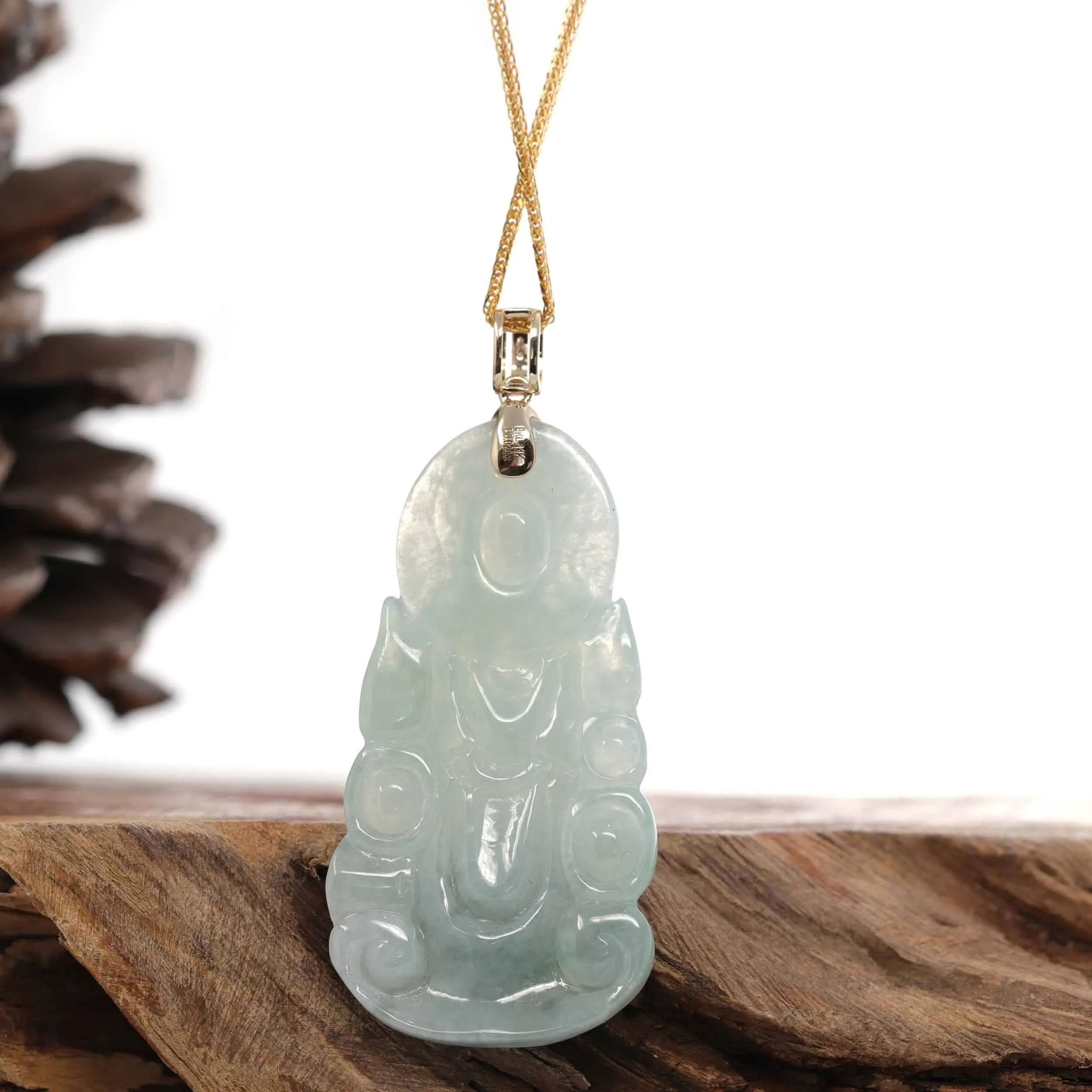 Baikalla 14k Yellow Gold "Goddess of Compassion" Genuine Ice Burmese Jadeite Jade Guanyin Necklace With Gold Diamond Bail