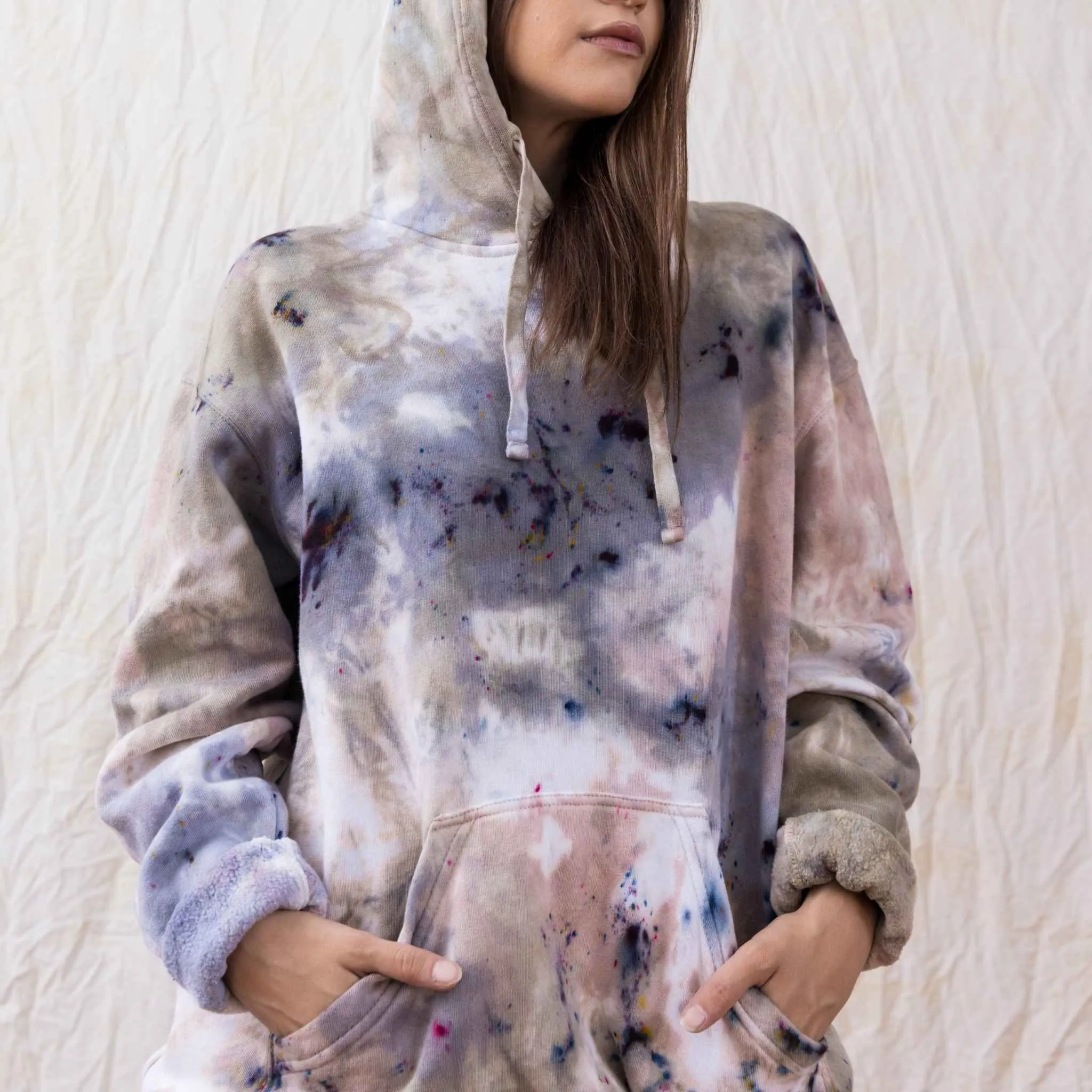 Beige grunge unisex tie dye hoodie super soft cotton fleece hooded sweater