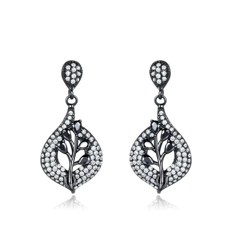 Black Spinel Leaf 925 Sterling Silver Earrings