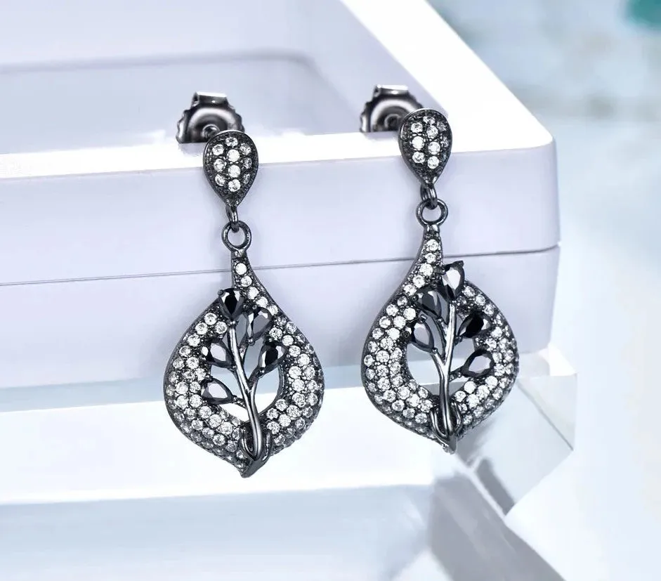 Black Spinel Leaf 925 Sterling Silver Earrings