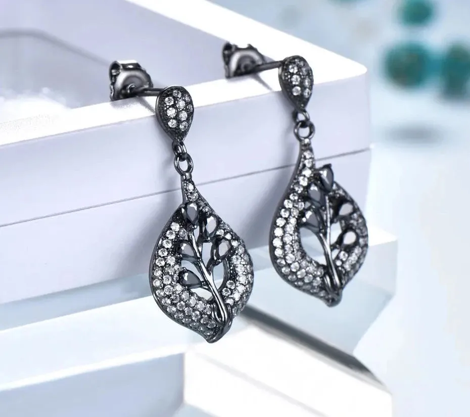 Black Spinel Leaf 925 Sterling Silver Earrings