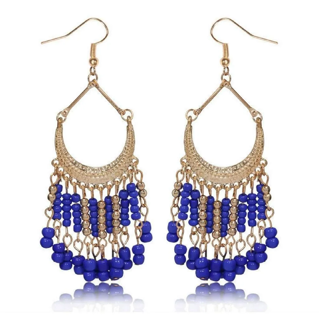 Blue and Gold Seed Bead Chandelier Earrings