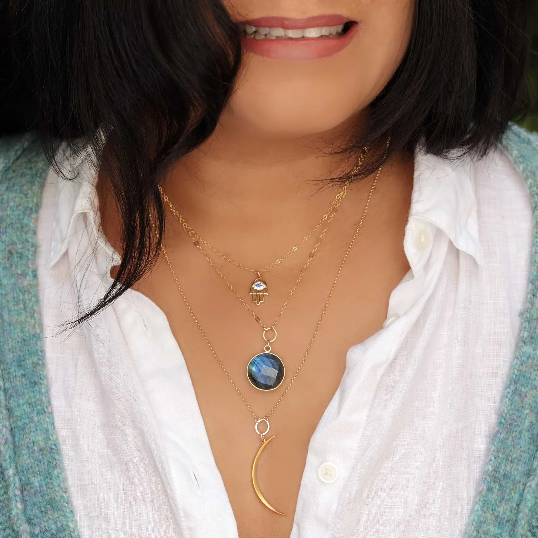 Blue Moon - Double Layered Labradorite and Crescent Moon Necklace