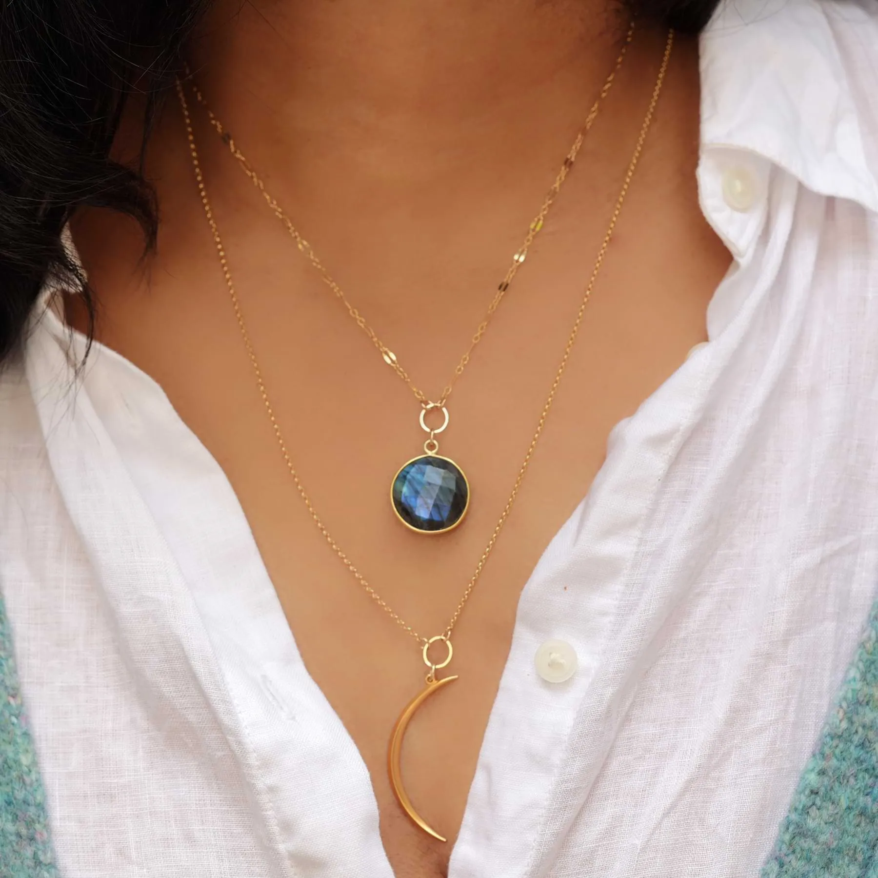 Blue Moon - Double Layered Labradorite and Crescent Moon Necklace