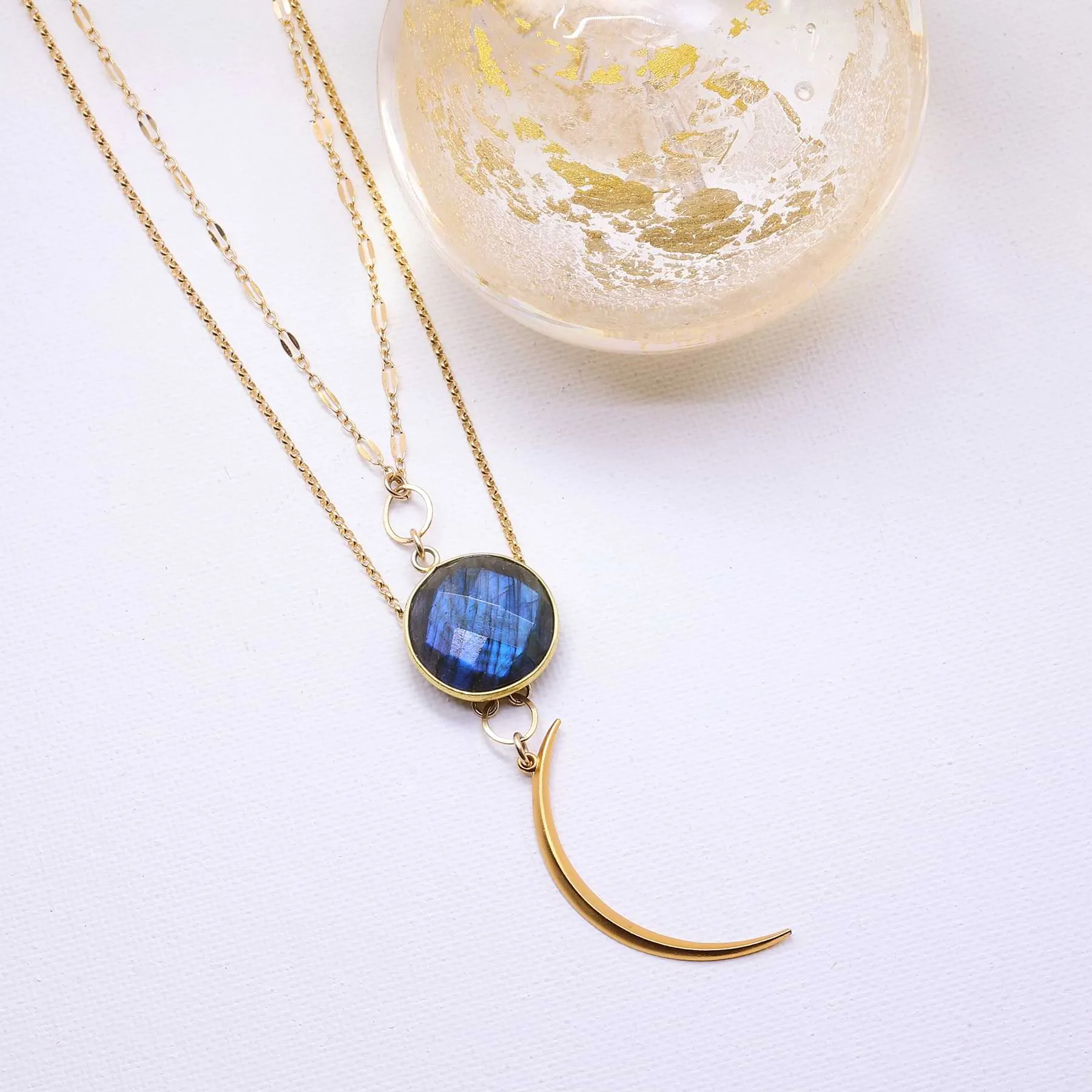 Blue Moon - Double Layered Labradorite and Crescent Moon Necklace