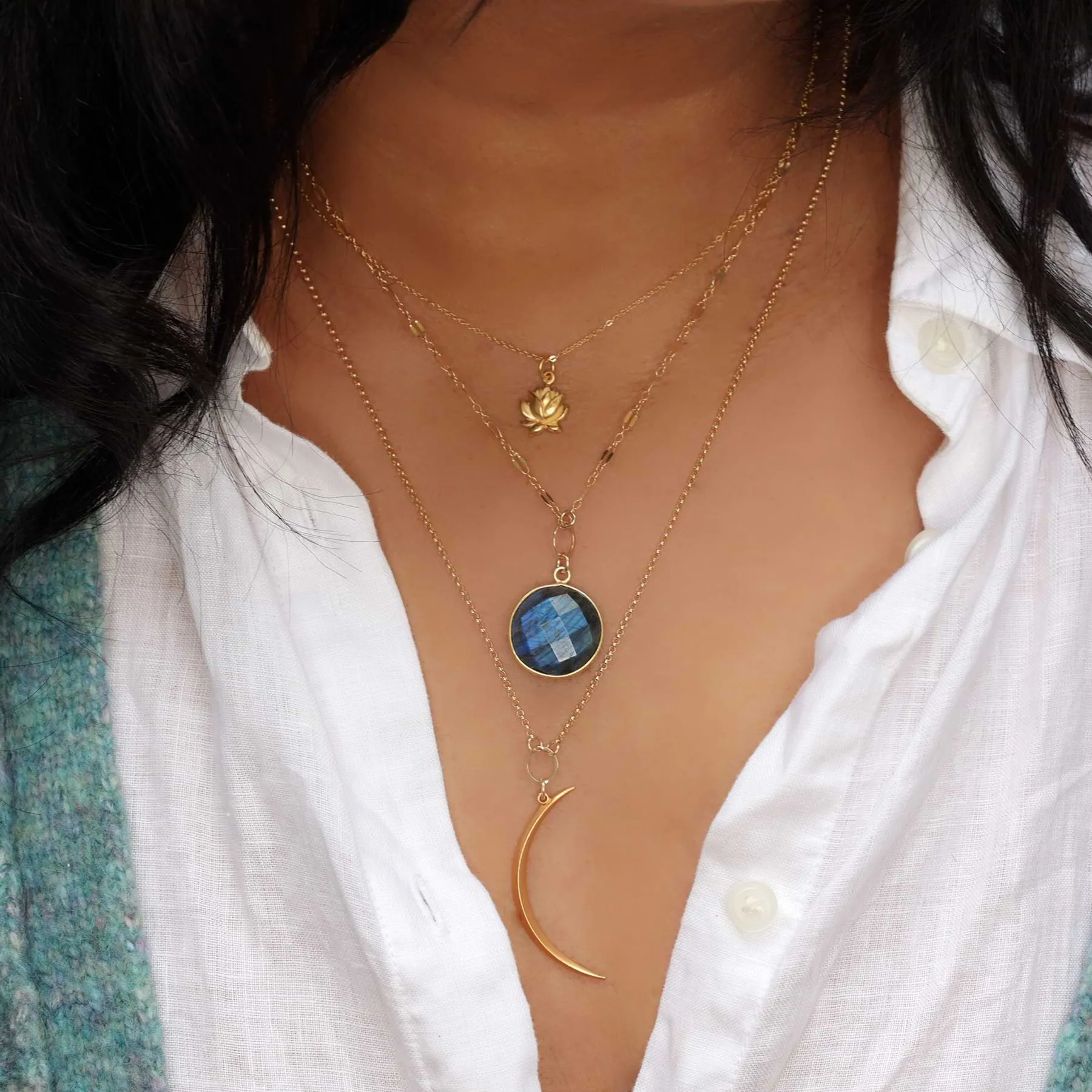 Blue Moon - Double Layered Labradorite and Crescent Moon Necklace