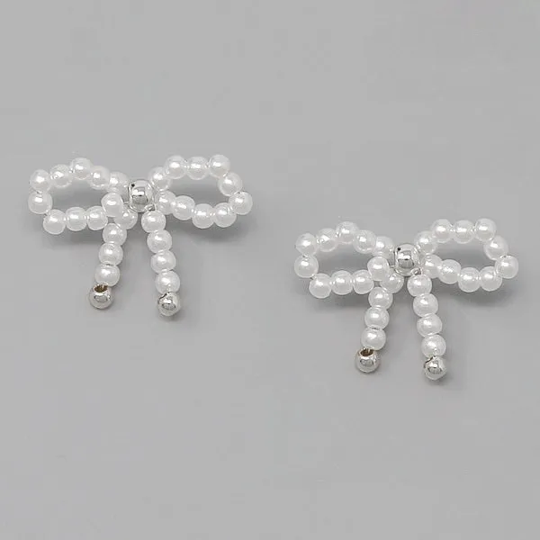 Bow Ribbon Pearl Beaded Stud Earrings