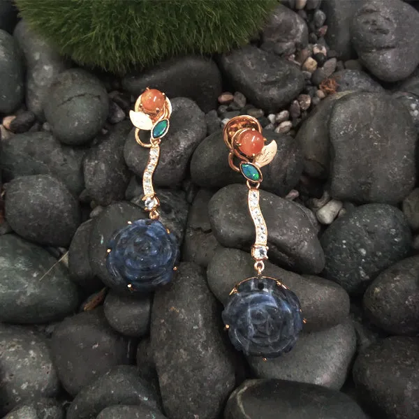 Carnelian & Blue Opal stud with White Topaz & Carved Flower Sodalite Twinset Earrings