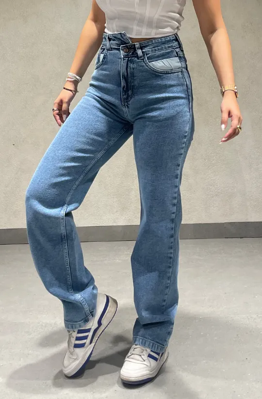 Cross Belt Double Patched Straight Leg High Waist Jeans