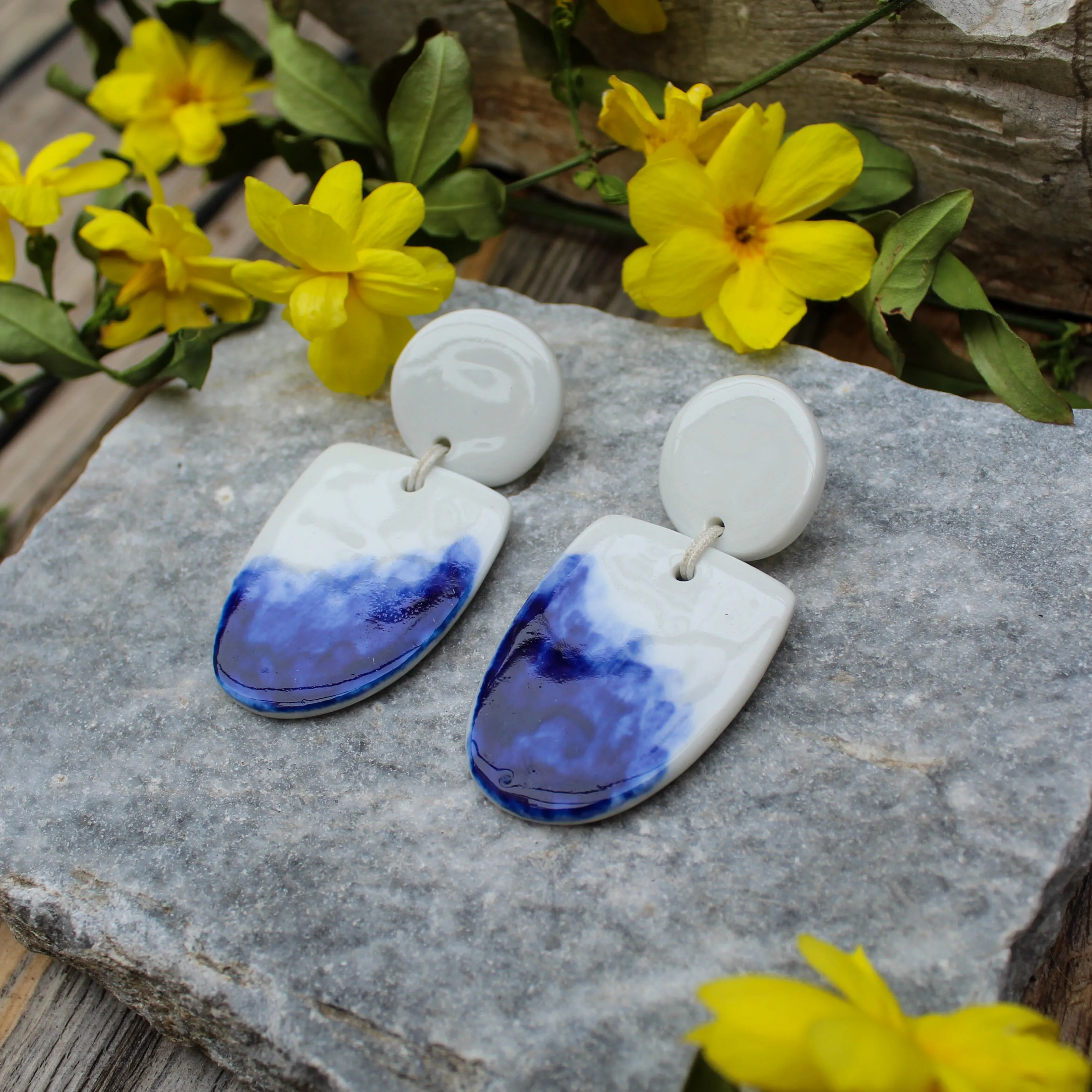 Drop Porcelain White and Blue Earrings