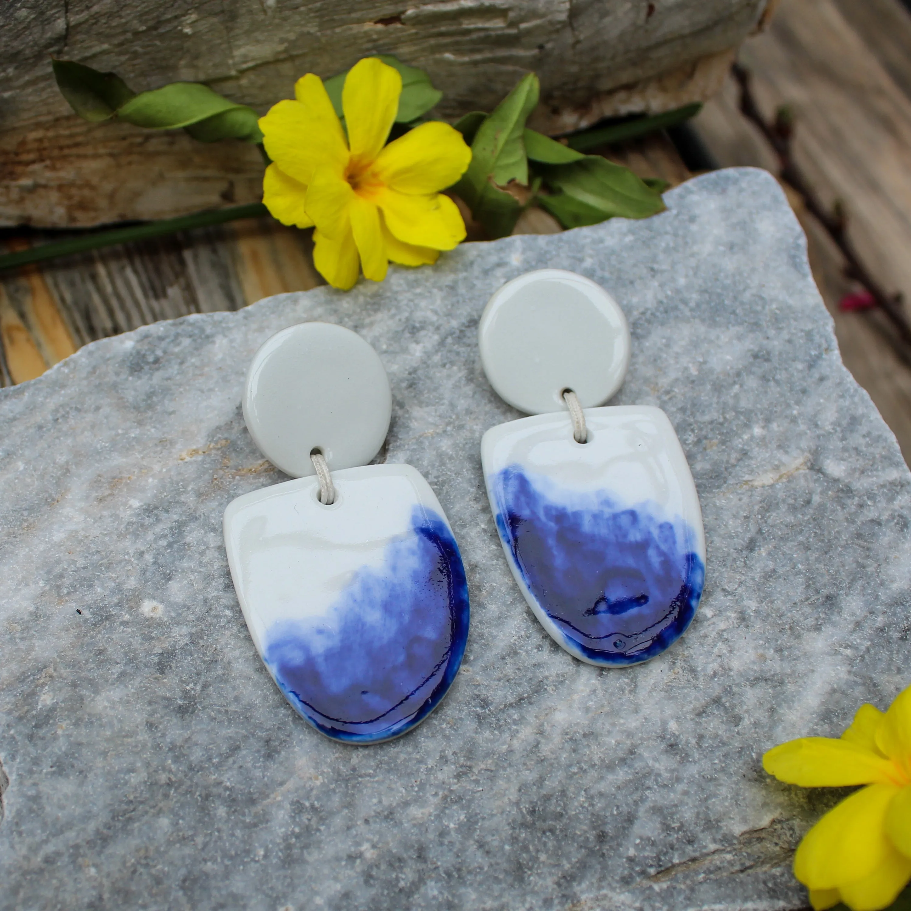 Drop Porcelain White and Blue Earrings