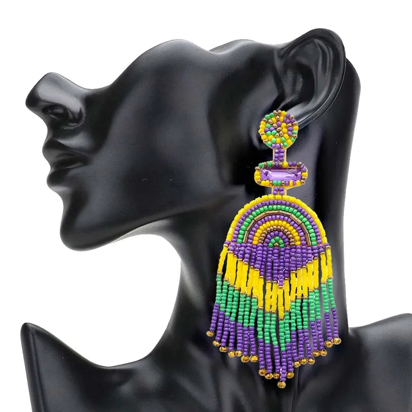 Felt Back Mardi Gras Seed Beaded Fringe Earrings