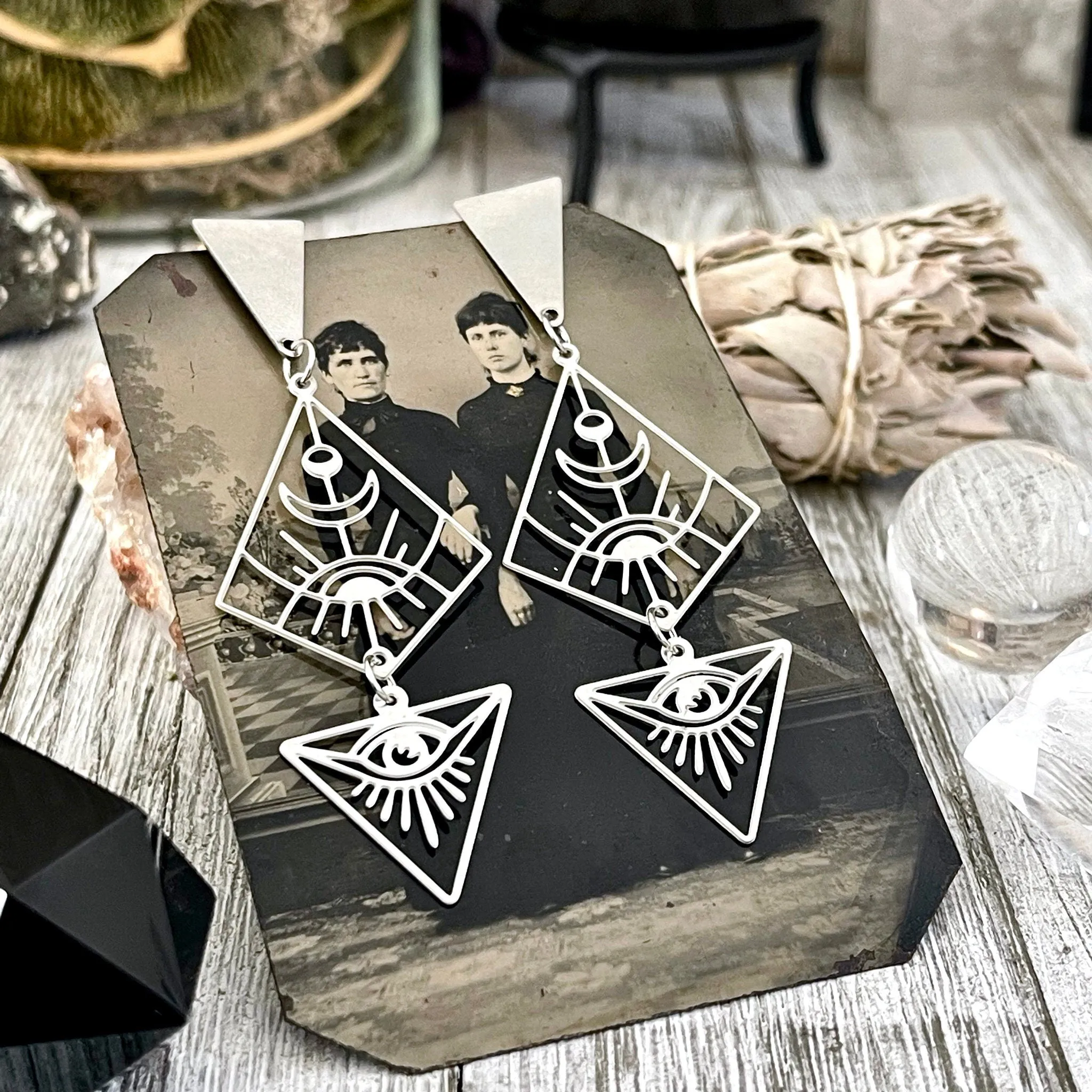 Geometric Moon and Eye Earrings / Stainless Steel Long Dangly Geometric Earrings