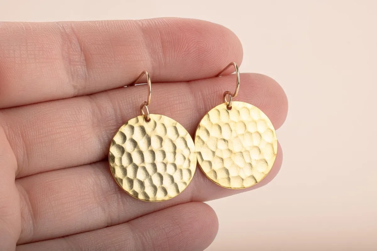 Gold Hammered Disc Dangle Earrings