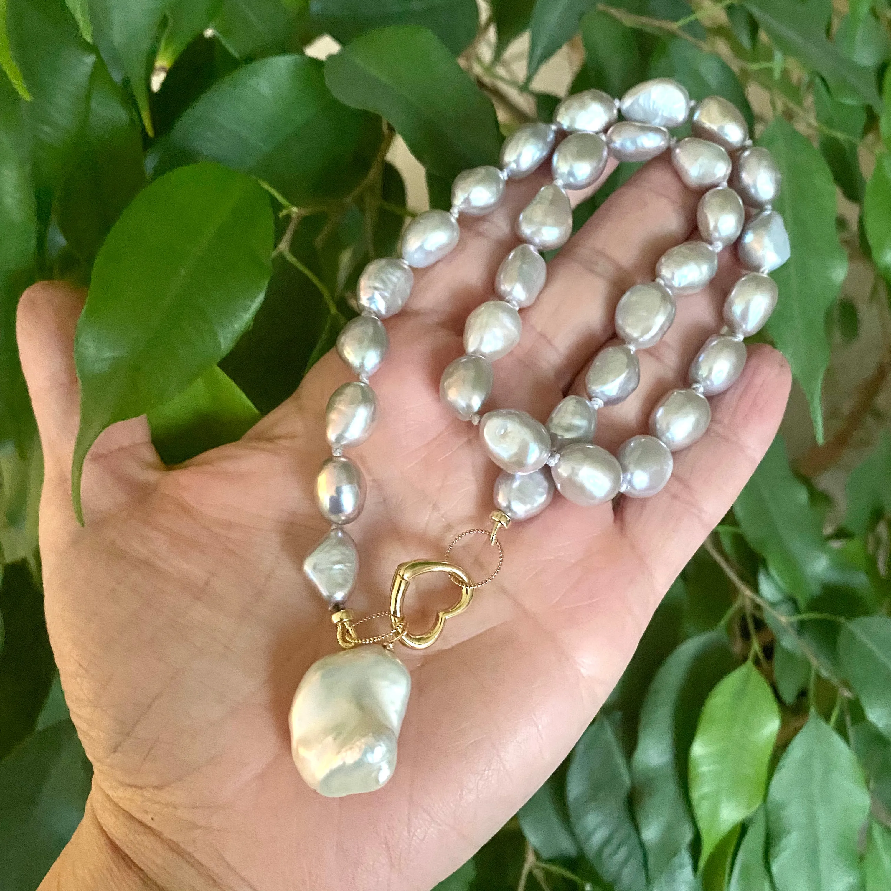 Grey Freshwater Pearl Necklace with White Baroque Pearl Pendant & Heart Closure, Gold Filled Details, 18inches