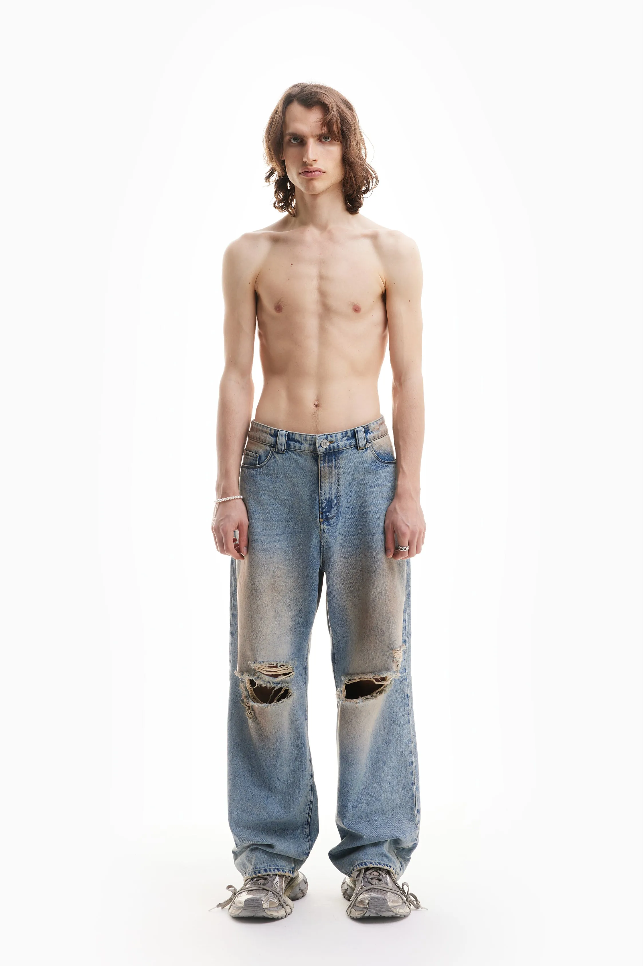 HEAVY BAGGY DISTRESSED DENIM  SAND WASHED DIRT WASH