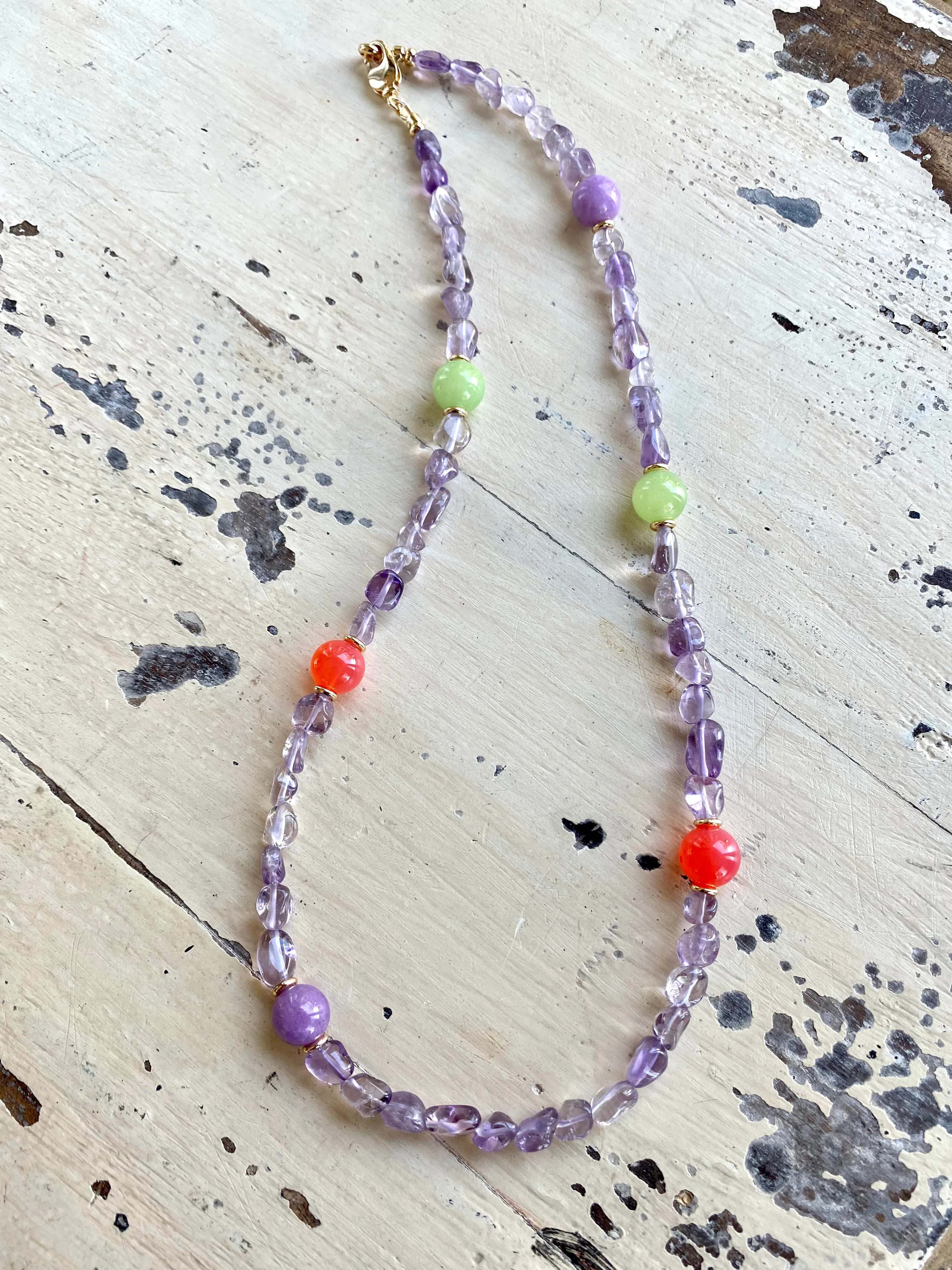 Light Amethyst Bead Bonbons Necklace w Orange Quartz, Lilac & Green Jade Accent Beads, Gold Plated, 21inches