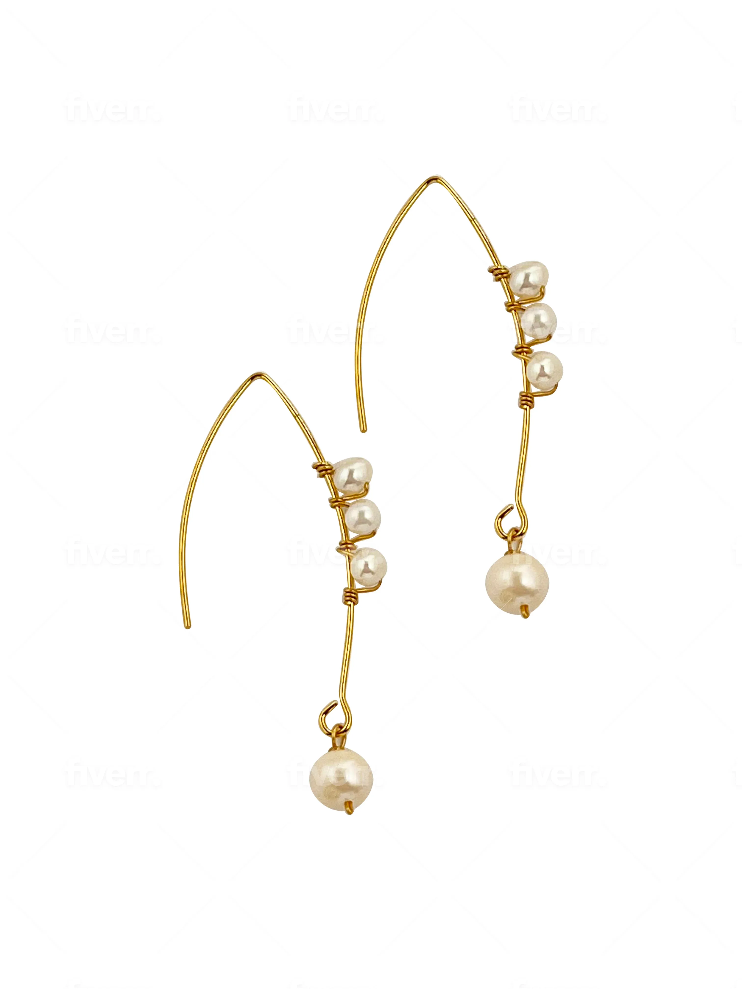 Long Gold Curved Multiple Pearls Earrings