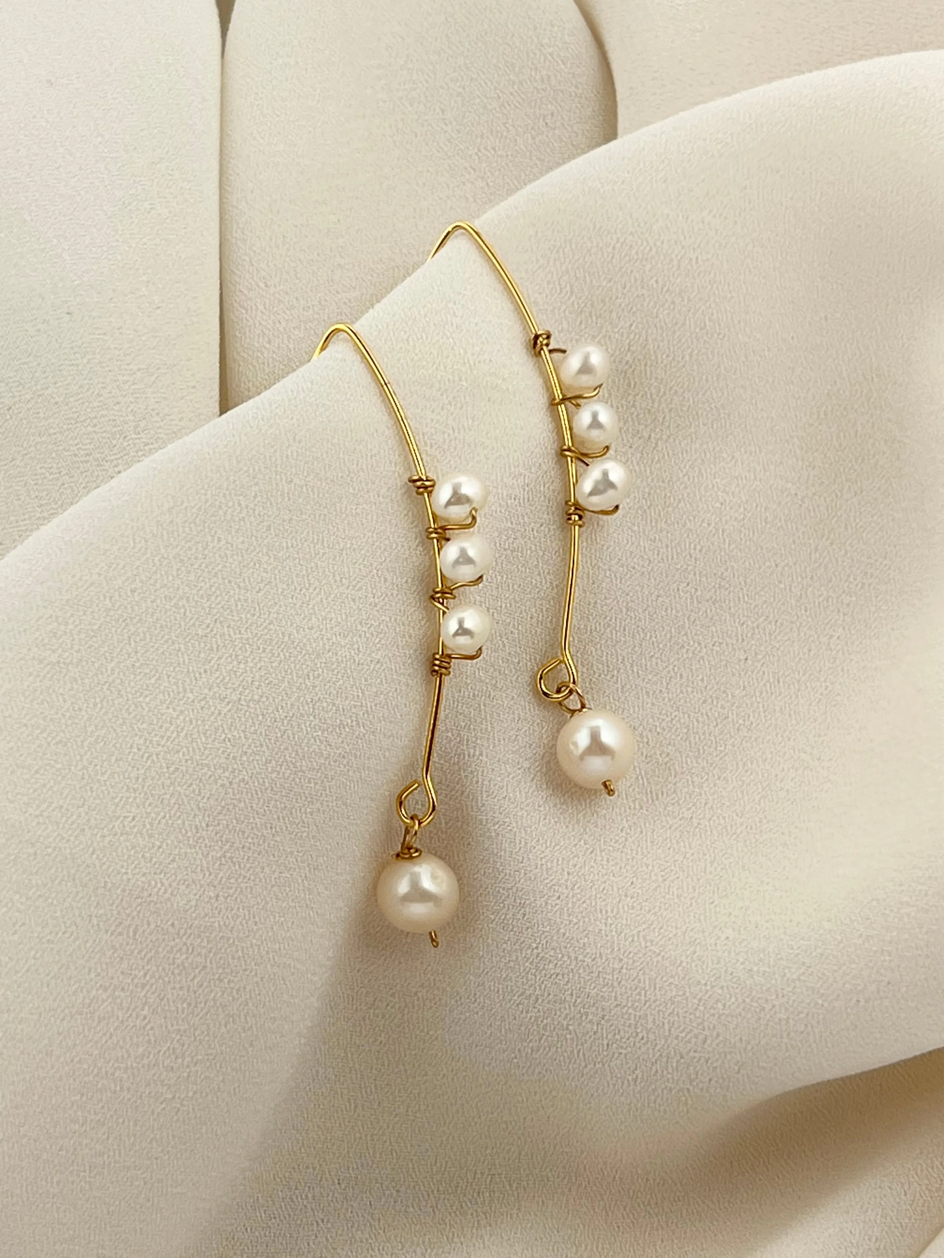 Long Gold Curved Multiple Pearls Earrings