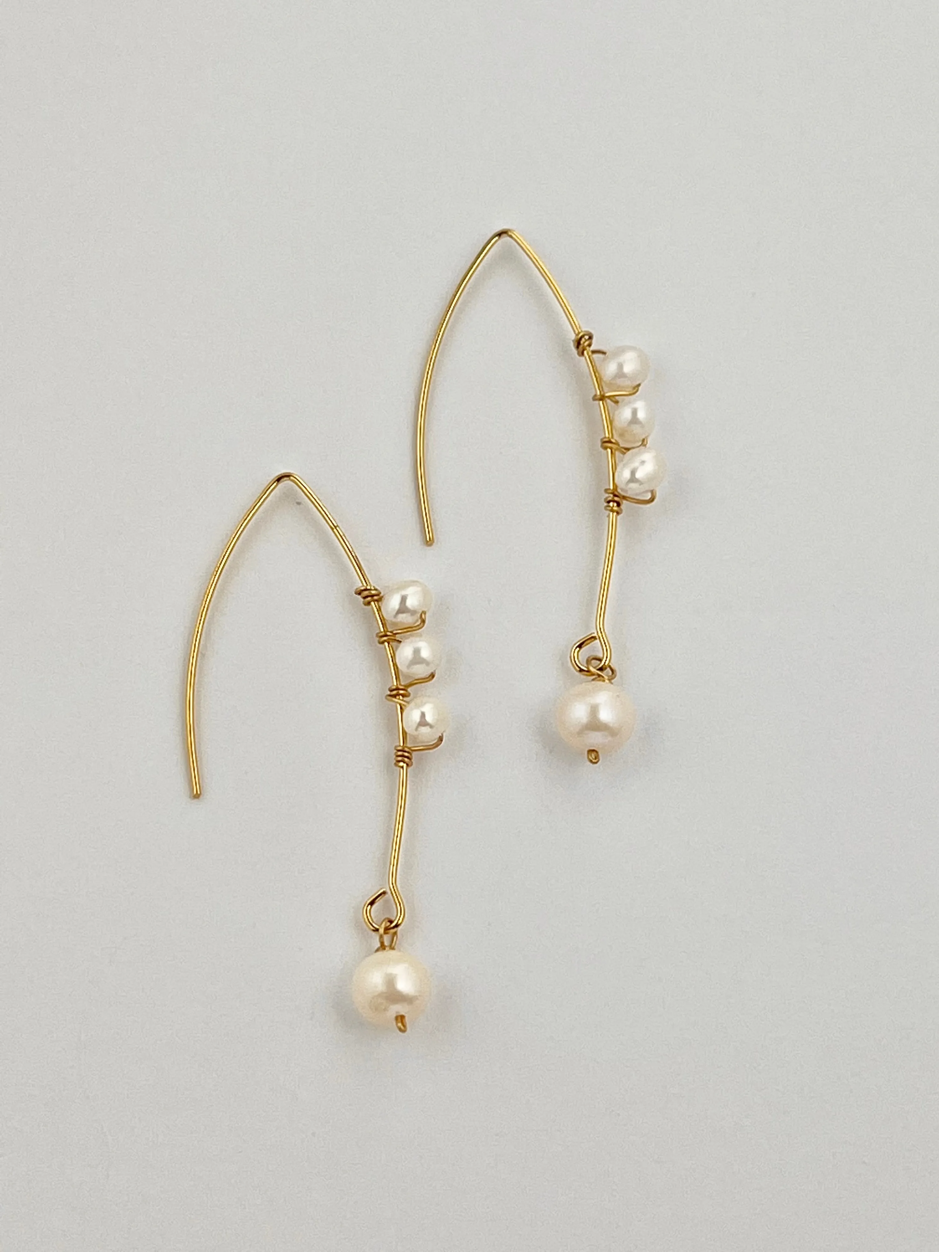 Long Gold Curved Multiple Pearls Earrings