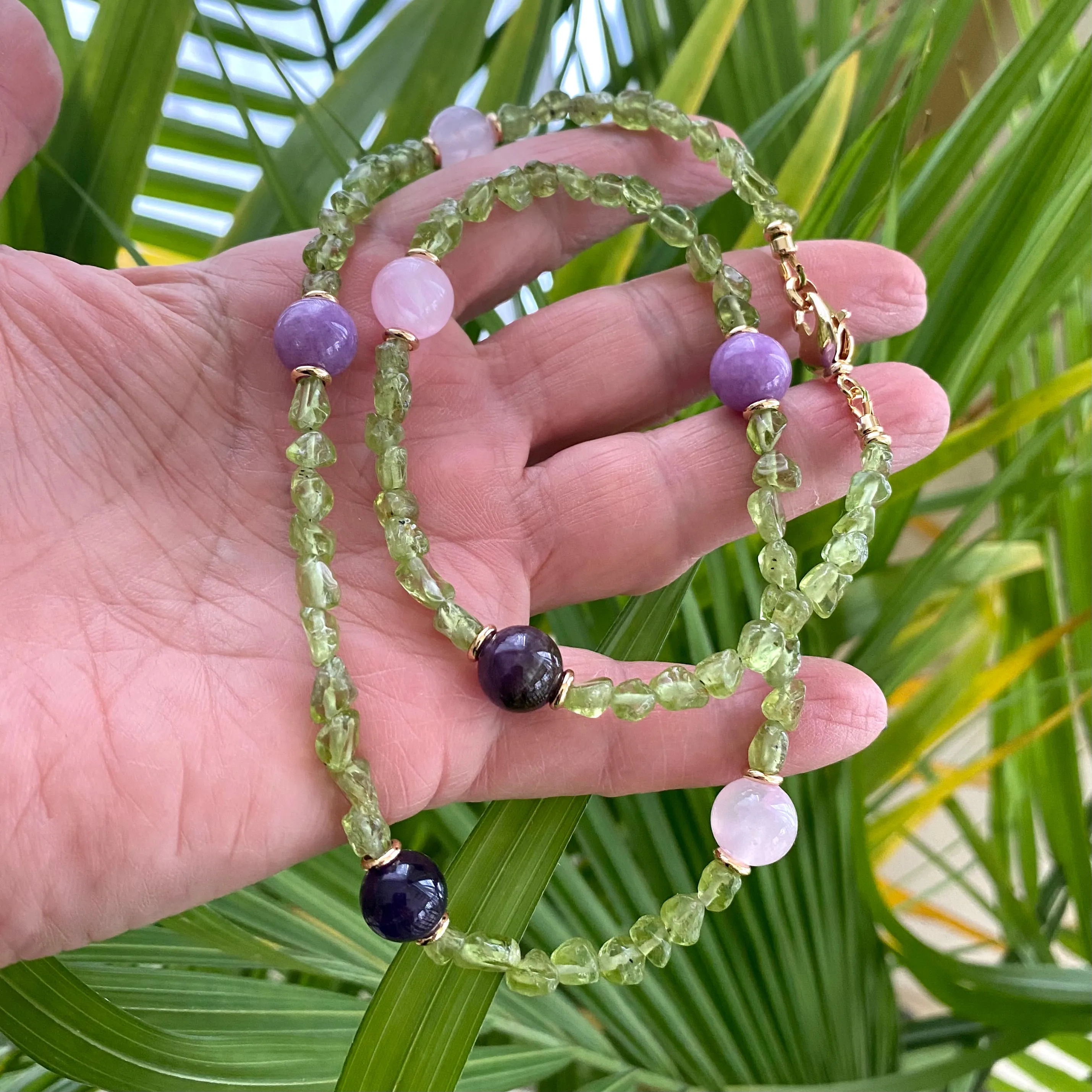 Peridot Bonbons Necklace w Rose, Lilac Jade & Amethyst Accent Beads, Gold Plated, 21in, August Birthstone