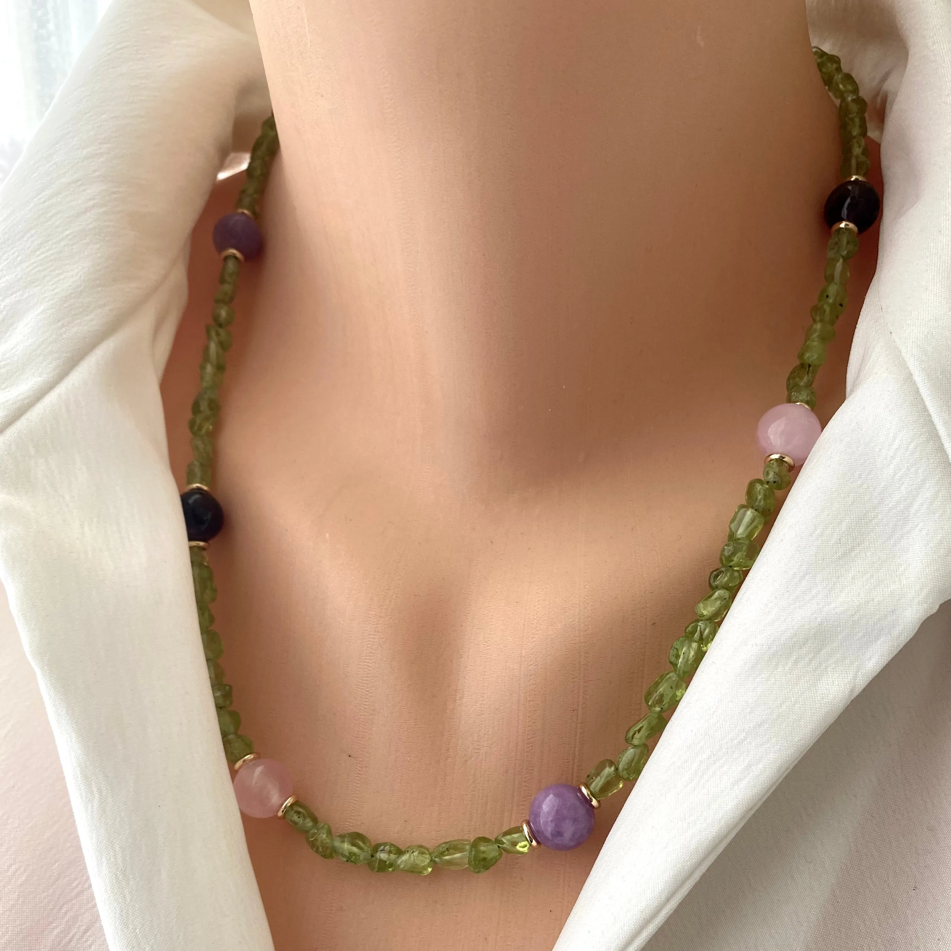 Peridot Bonbons Necklace w Rose, Lilac Jade & Amethyst Accent Beads, Gold Plated, 21in, August Birthstone