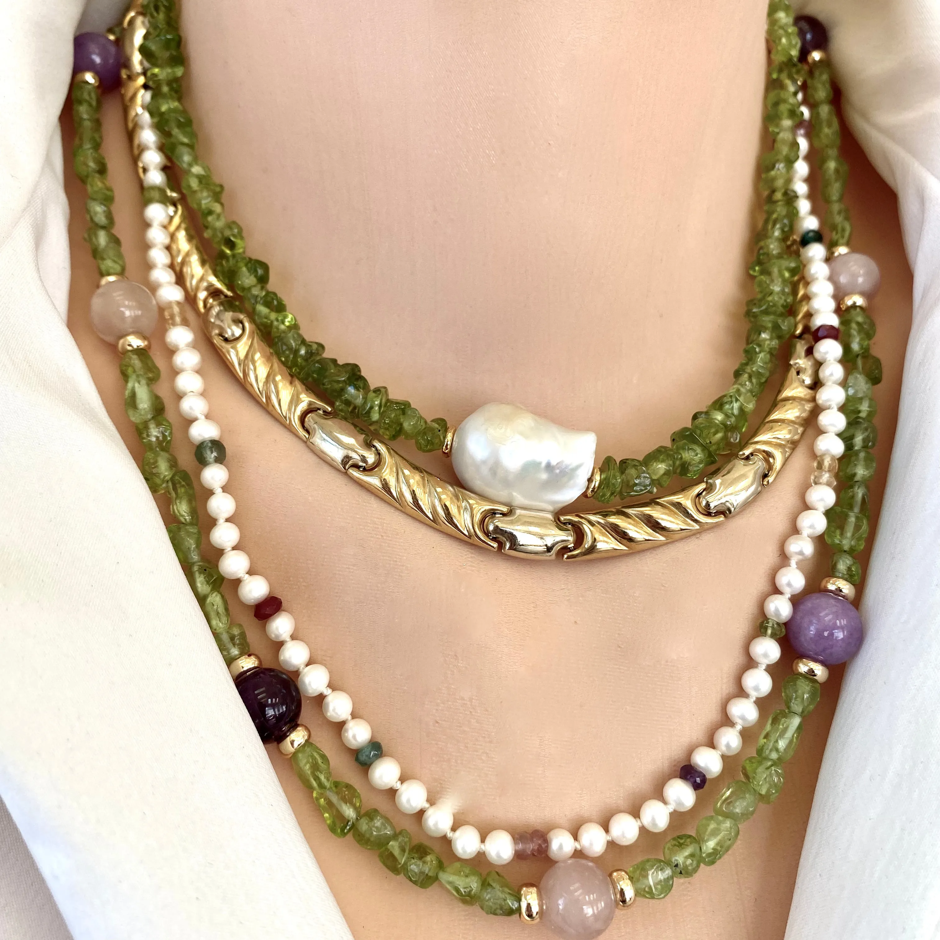 Peridot Bonbons Necklace w Rose, Lilac Jade & Amethyst Accent Beads, Gold Plated, 21in, August Birthstone