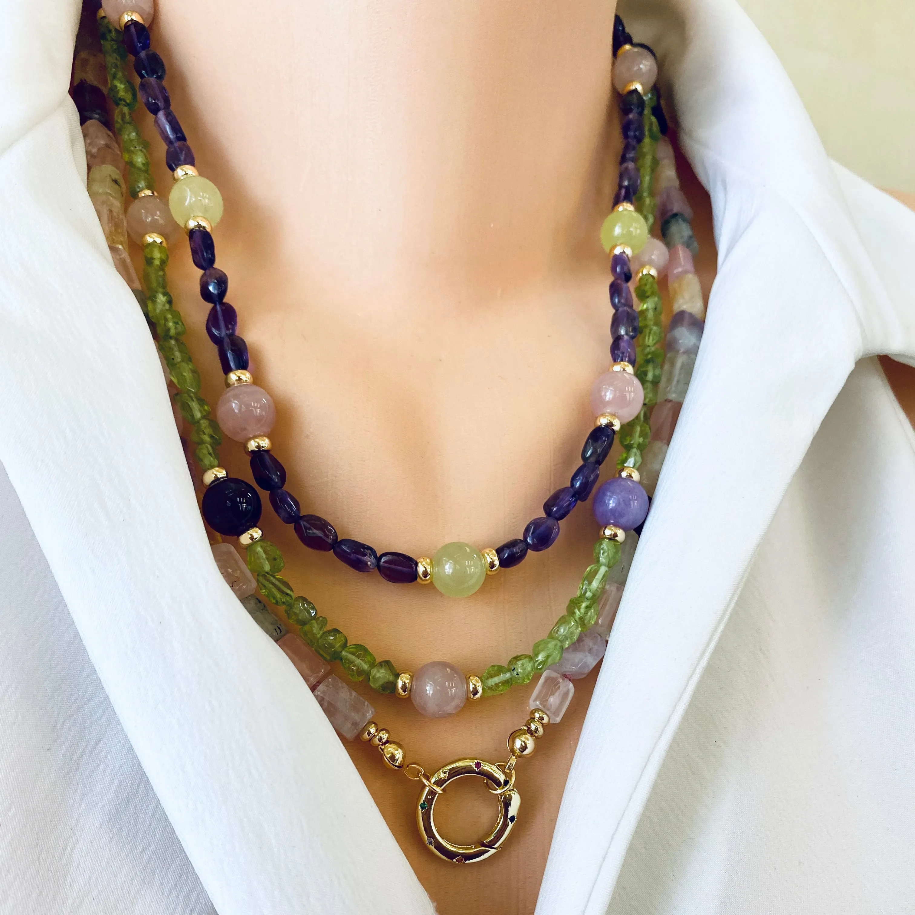 Peridot Bonbons Necklace w Rose, Lilac Jade & Amethyst Accent Beads, Gold Plated, 21in, August Birthstone