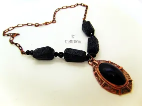 Rainbow Obsidian Black Lava Stone Statement Copper Necklace