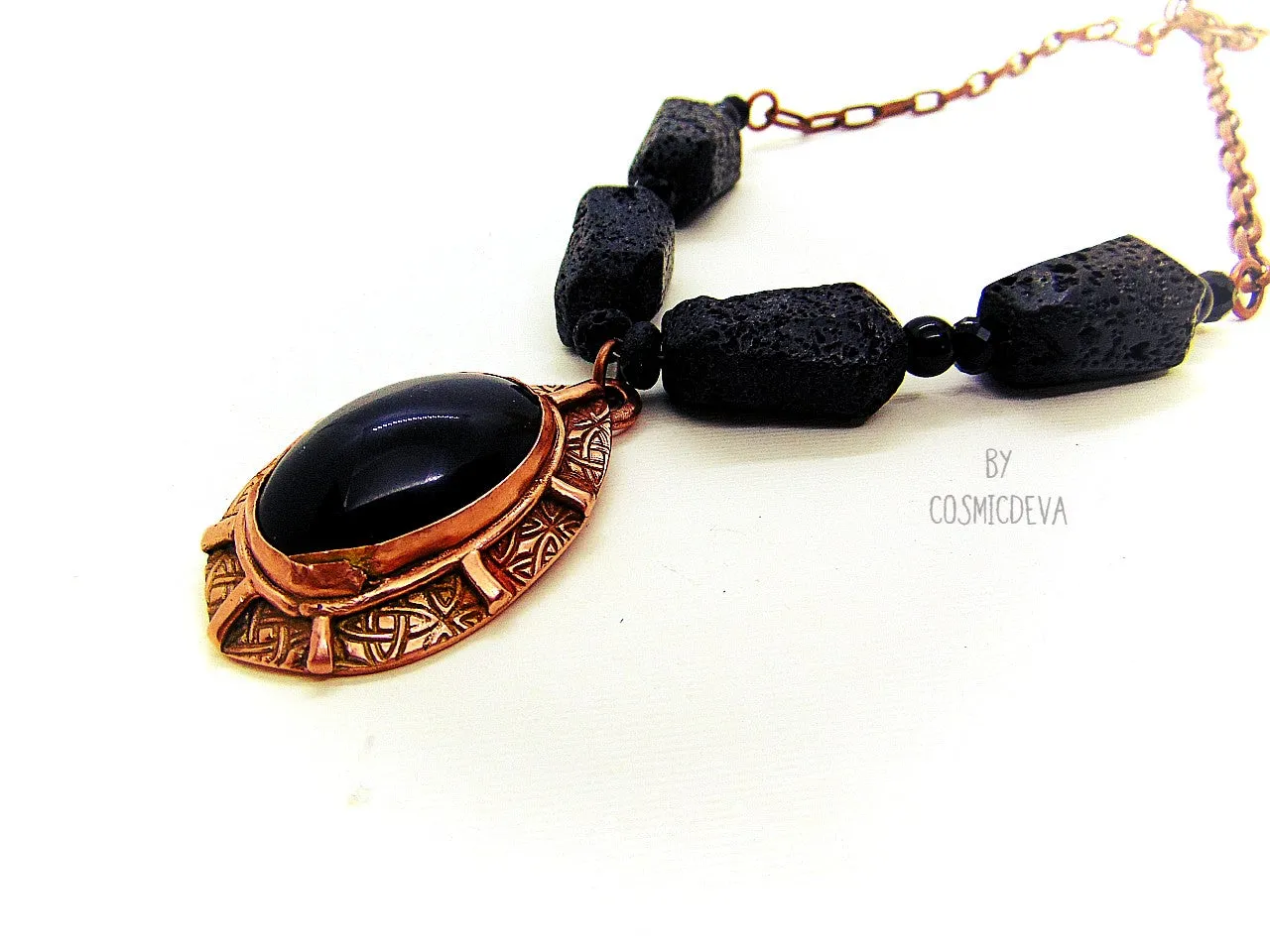 Rainbow Obsidian Black Lava Stone Statement Copper Necklace