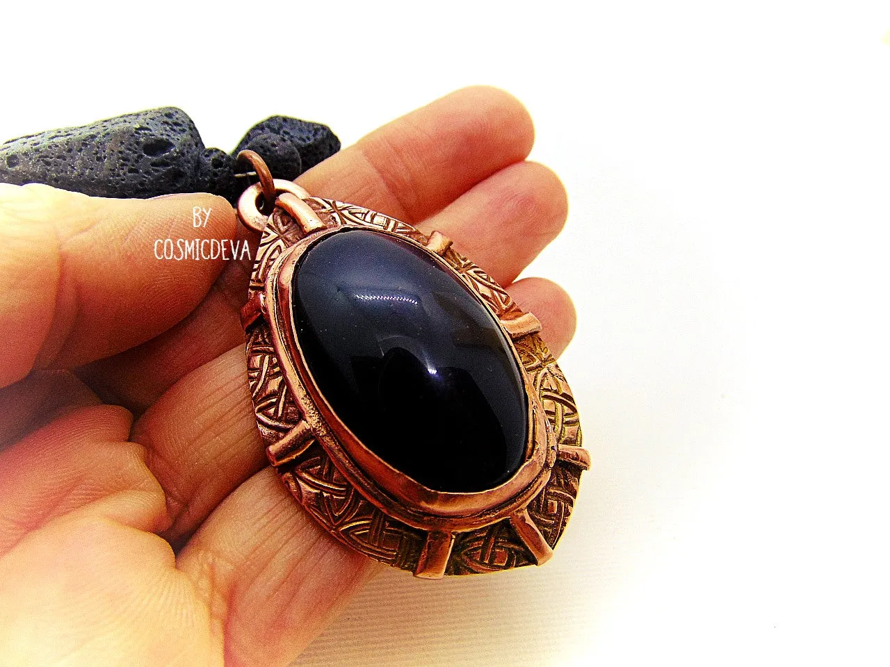 Rainbow Obsidian Black Lava Stone Statement Copper Necklace