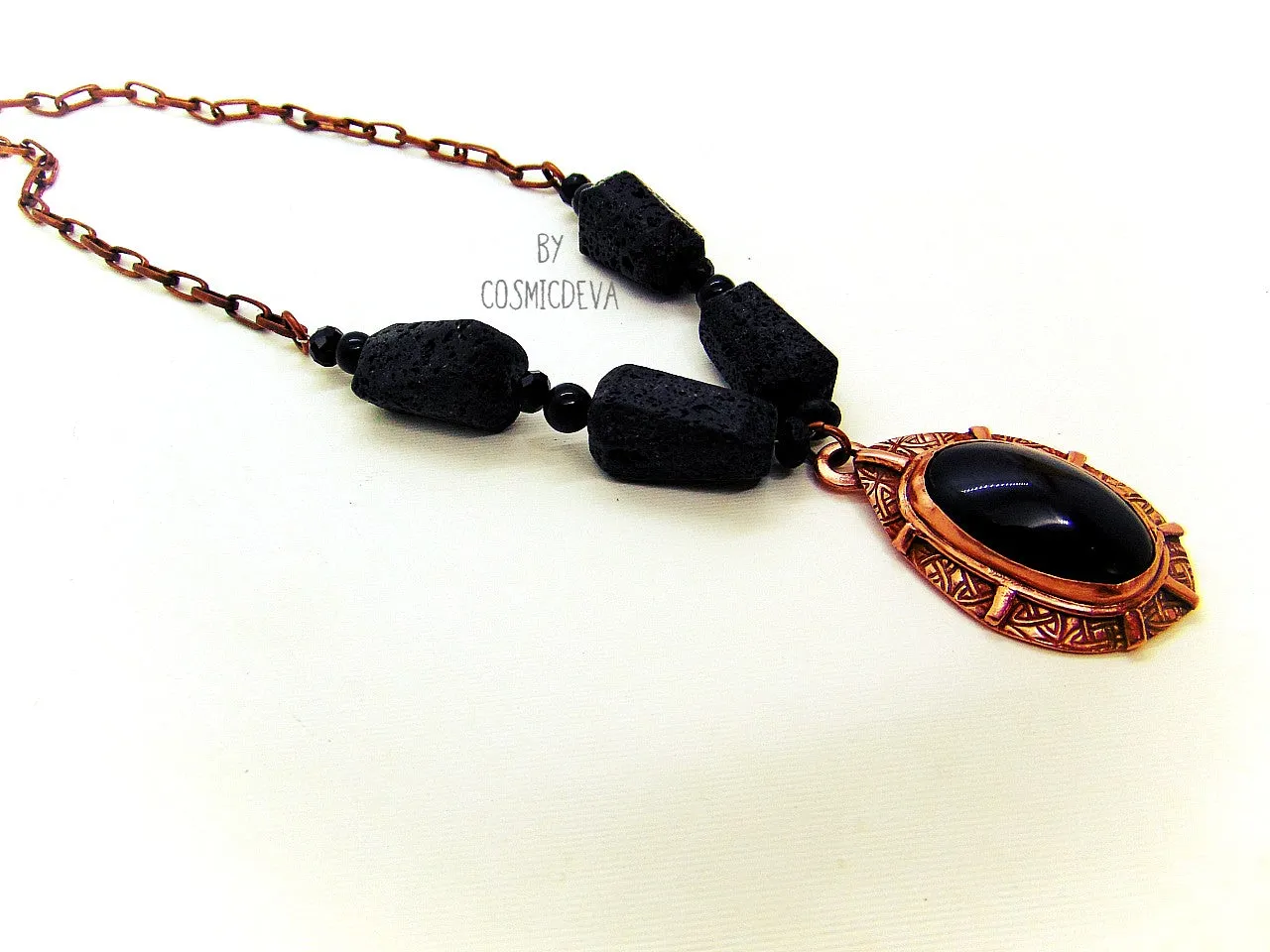 Rainbow Obsidian Black Lava Stone Statement Copper Necklace