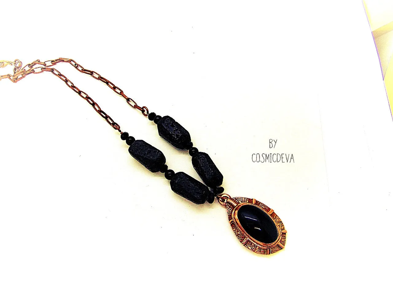 Rainbow Obsidian Black Lava Stone Statement Copper Necklace