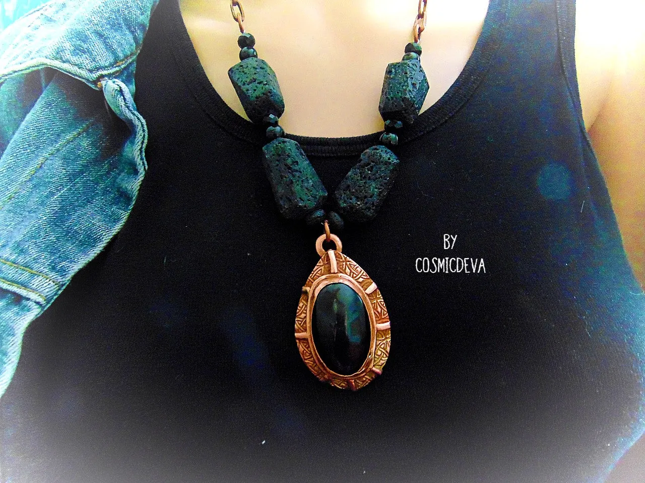 Rainbow Obsidian Black Lava Stone Statement Copper Necklace