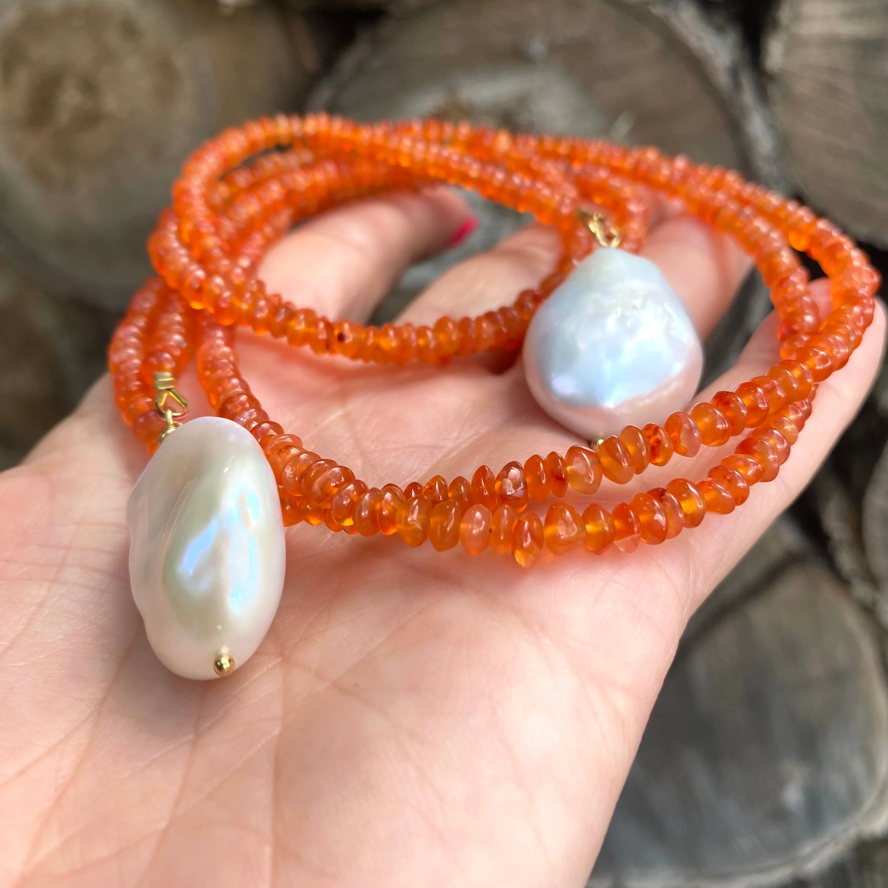 Single Strand Of Bright Orange Carnelian Rondelle Beads & Two Baroque Pearls Lariat Wrap Necklace, Gold Vermeil, 40