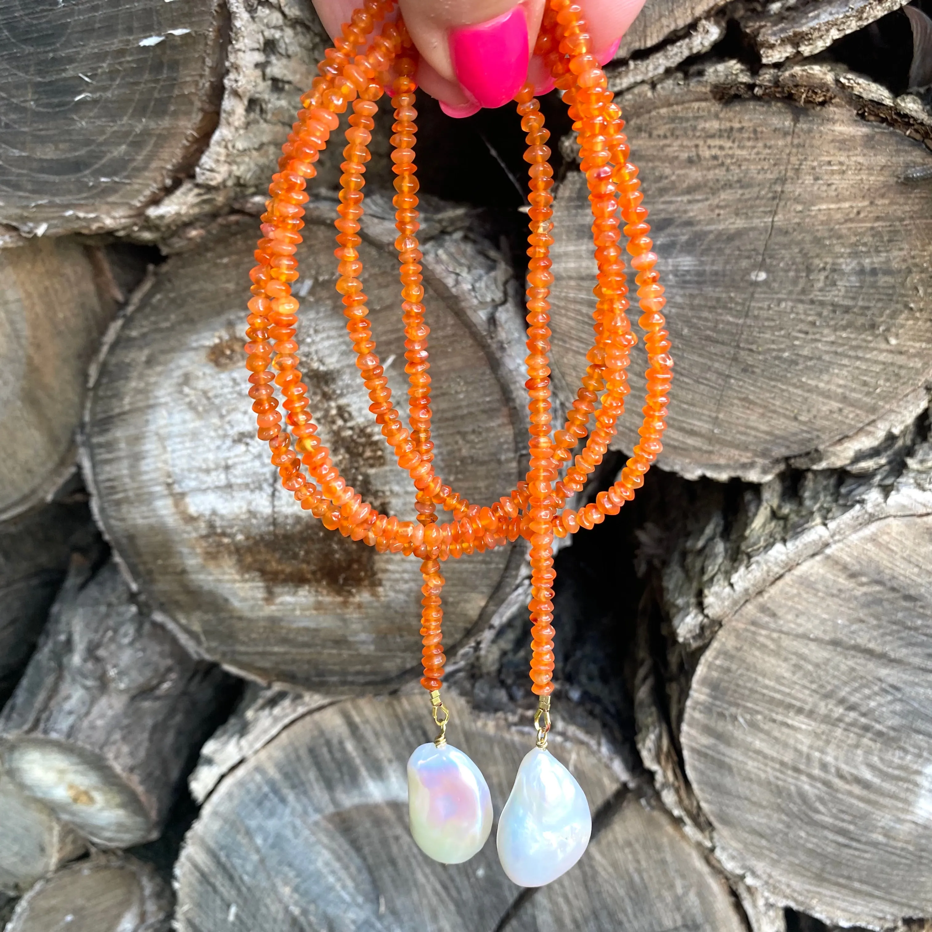 Single Strand Of Bright Orange Carnelian Rondelle Beads & Two Baroque Pearls Lariat Wrap Necklace, Gold Vermeil, 40