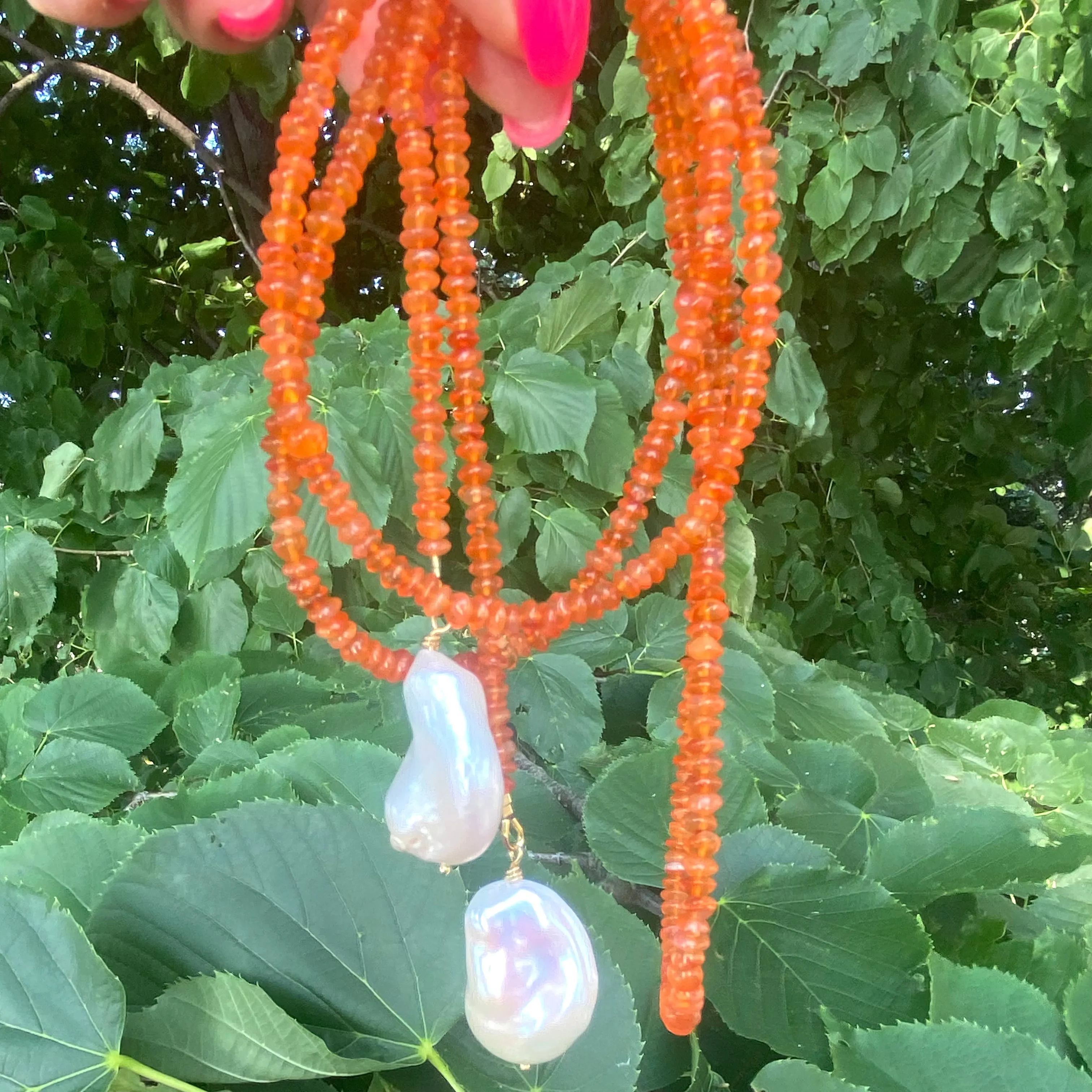 Single Strand Of Bright Orange Carnelian Rondelle Beads & Two Baroque Pearls Lariat Wrap Necklace, Gold Vermeil, 40