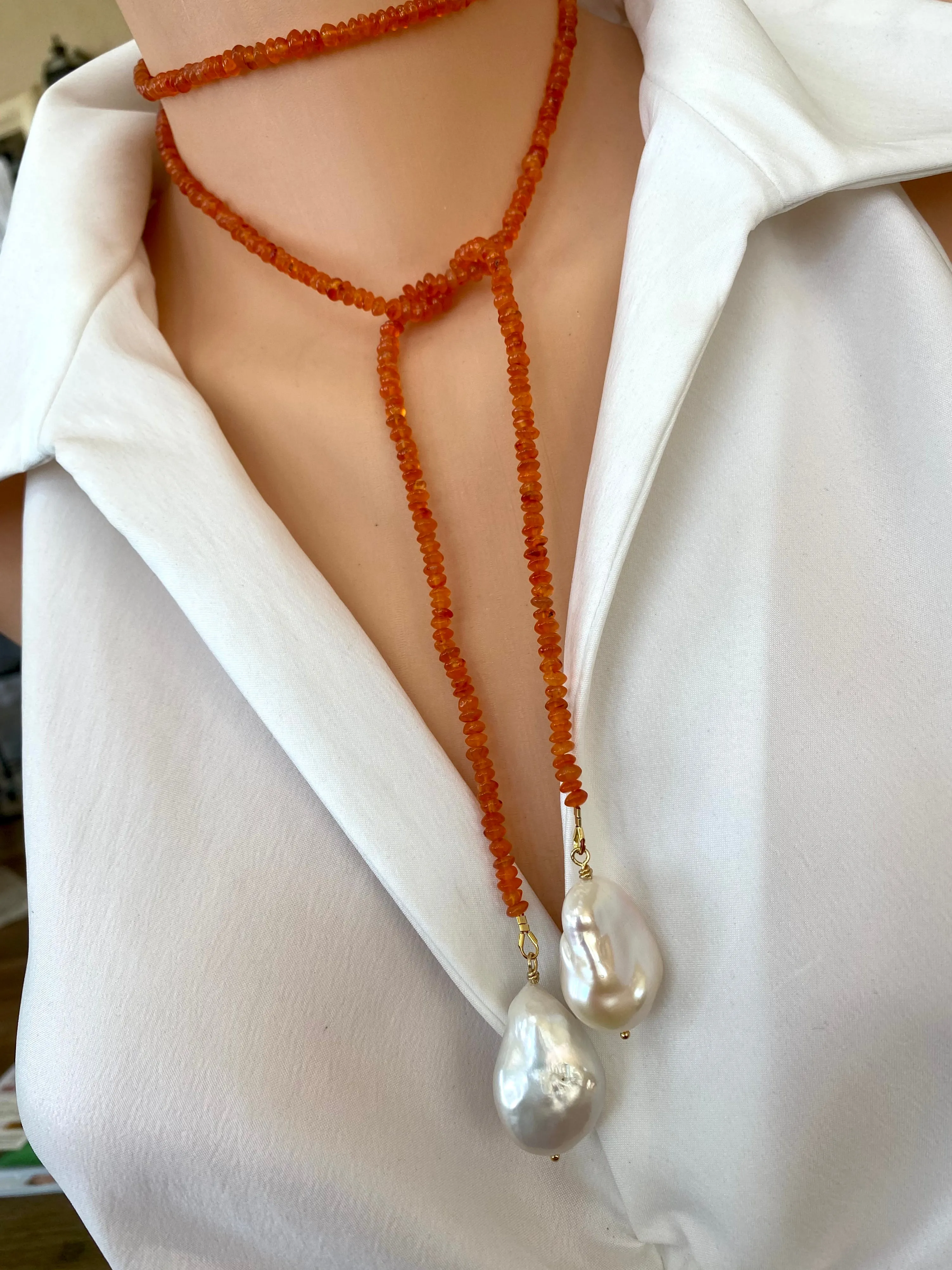 Single Strand Of Bright Orange Carnelian Rondelle Beads & Two Baroque Pearls Lariat Wrap Necklace, Gold Vermeil, 40