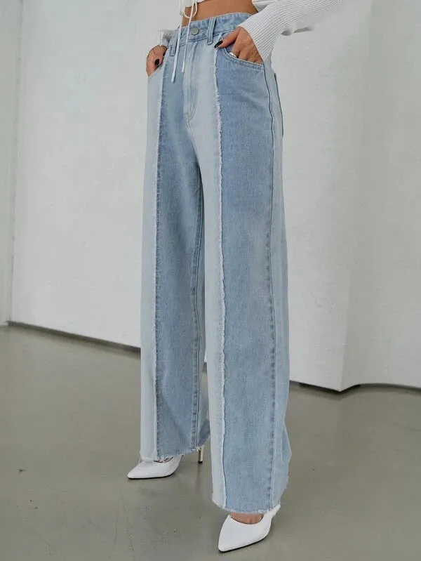 Two Tone Wash Wide Leg High Waist Jeans