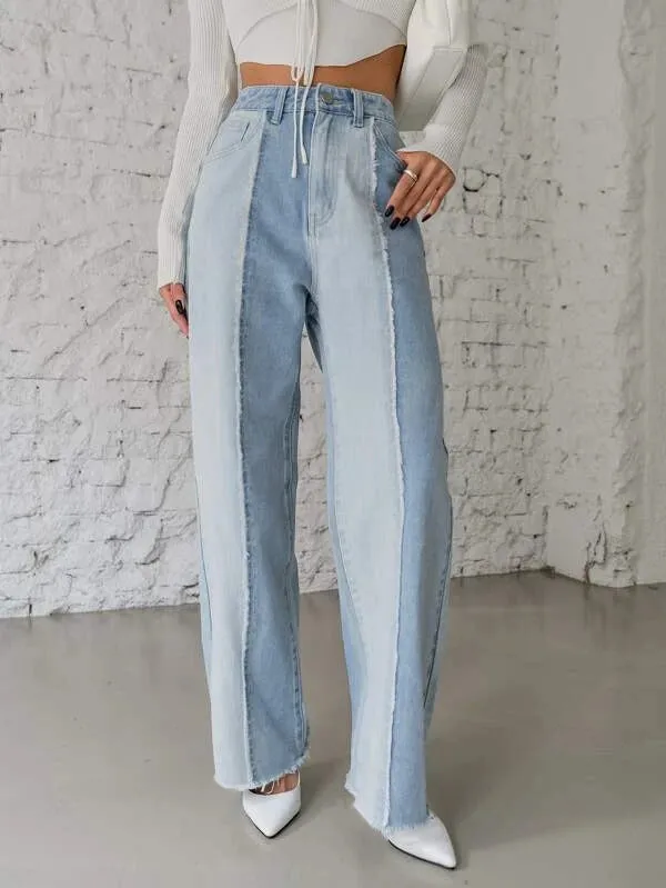 Two Tone Wash Wide Leg High Waist Jeans