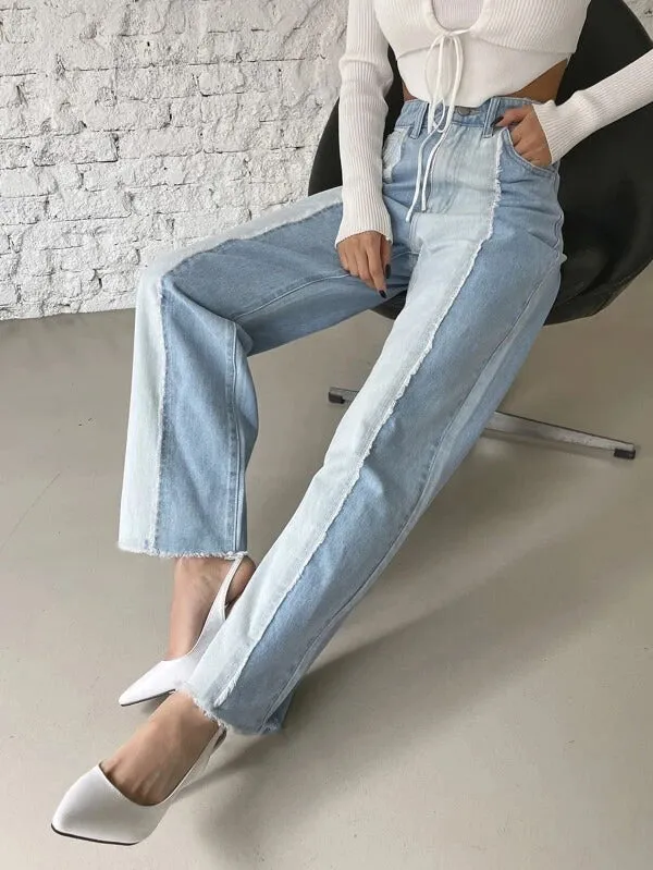 Two Tone Wash Wide Leg High Waist Jeans